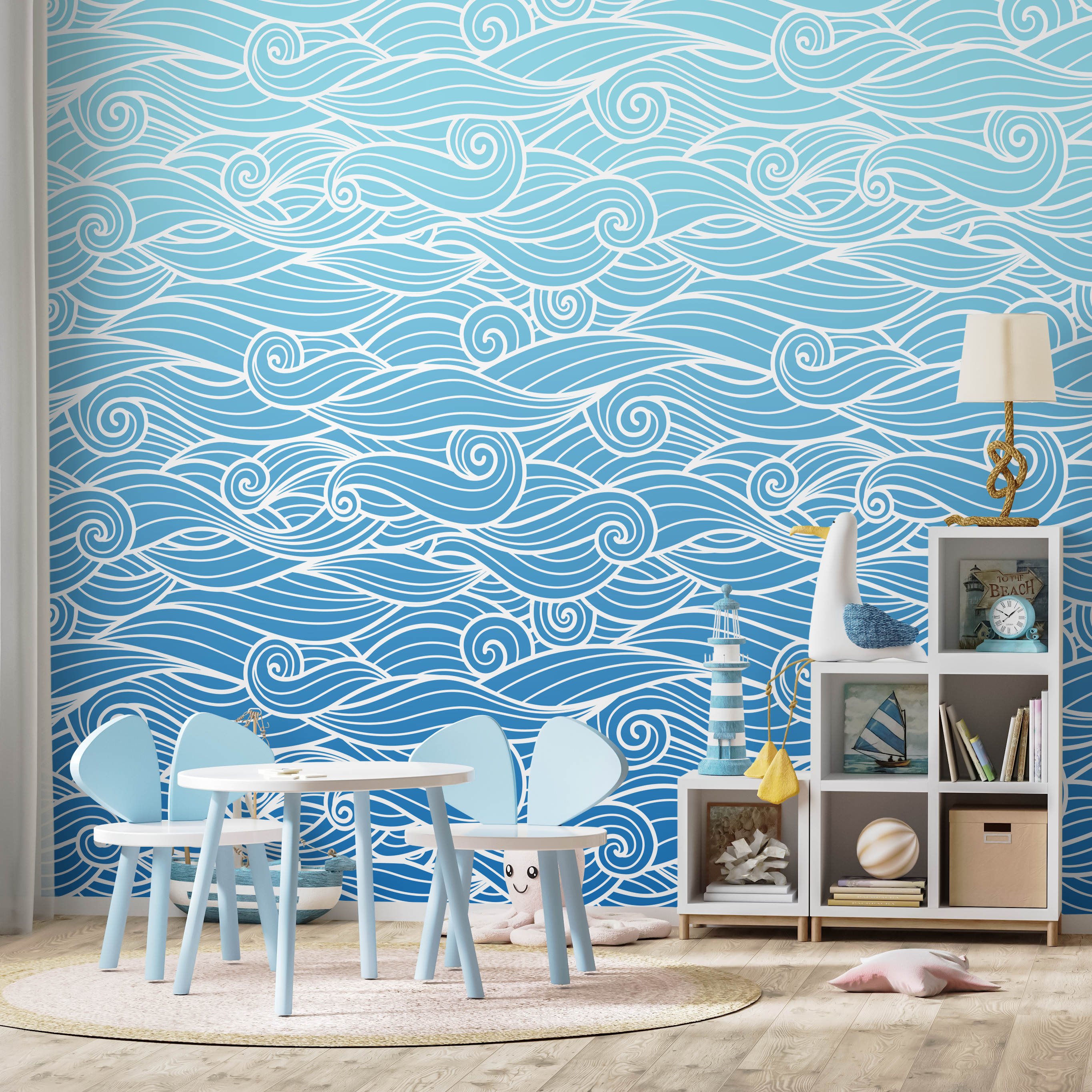 Coastal Wallpaper With Stylized Ocean Waves In Blue And White - B841