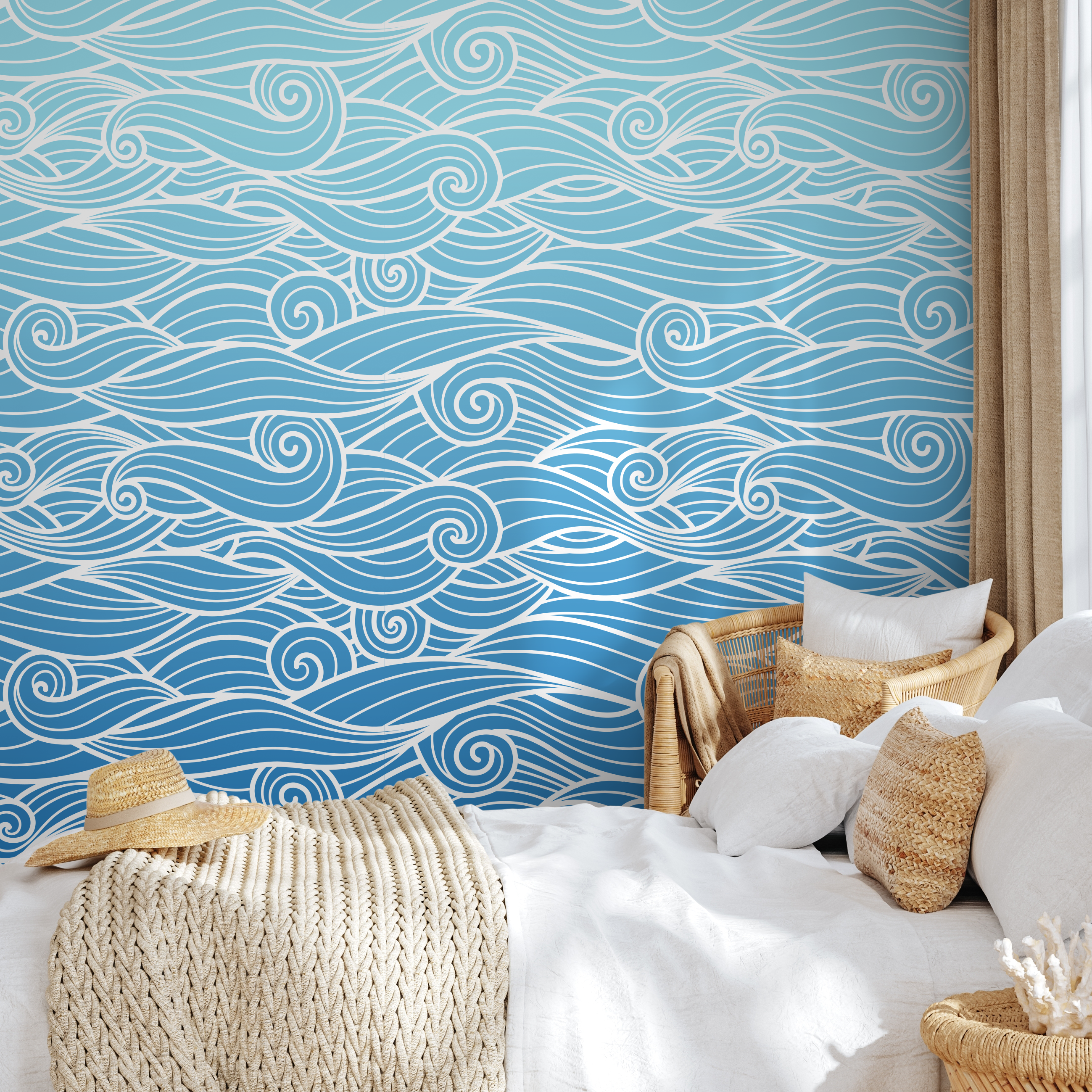 Coastal Wallpaper With Stylized Ocean Waves In Blue And White - B841
