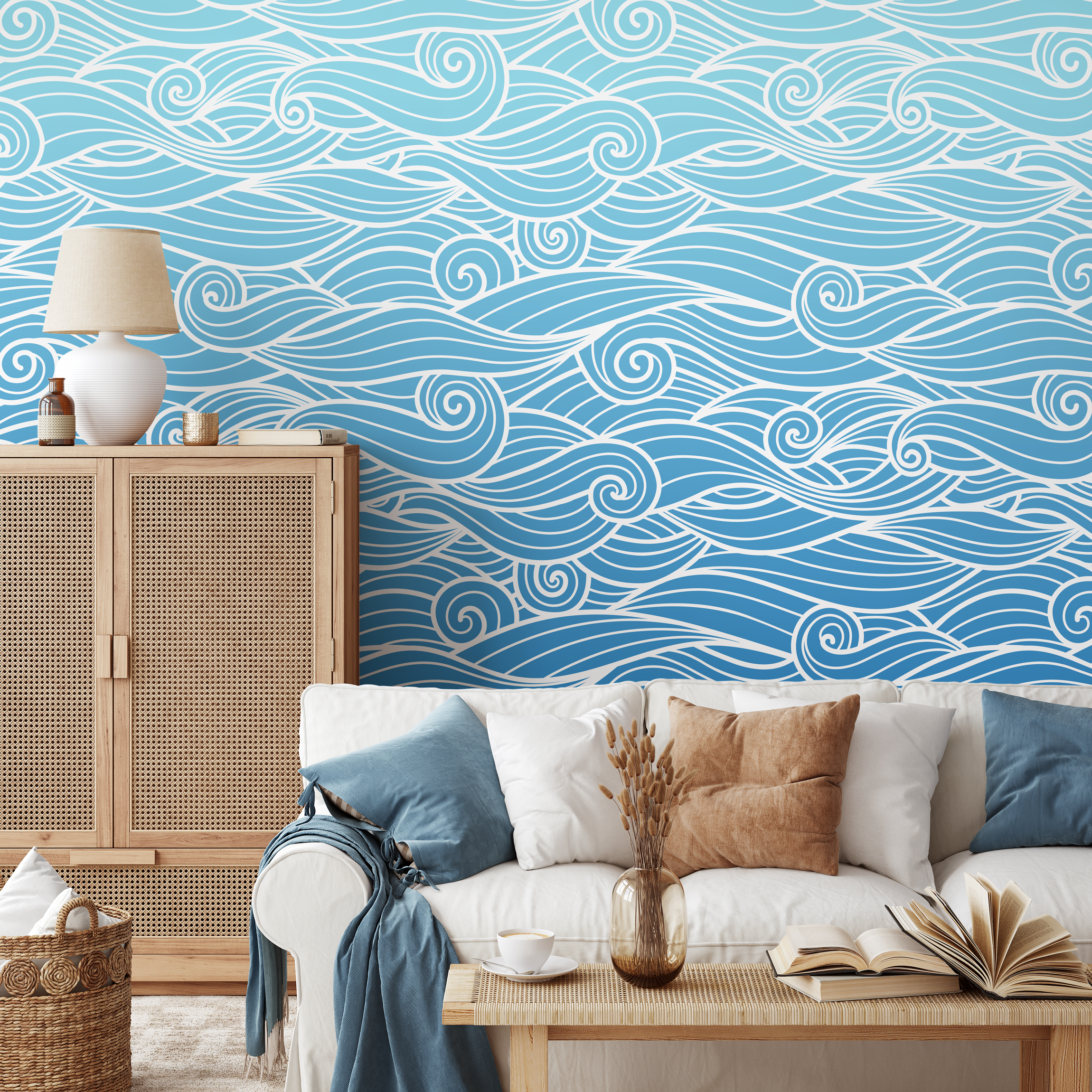 Coastal Wallpaper With Stylized Ocean Waves In Blue And White - B841