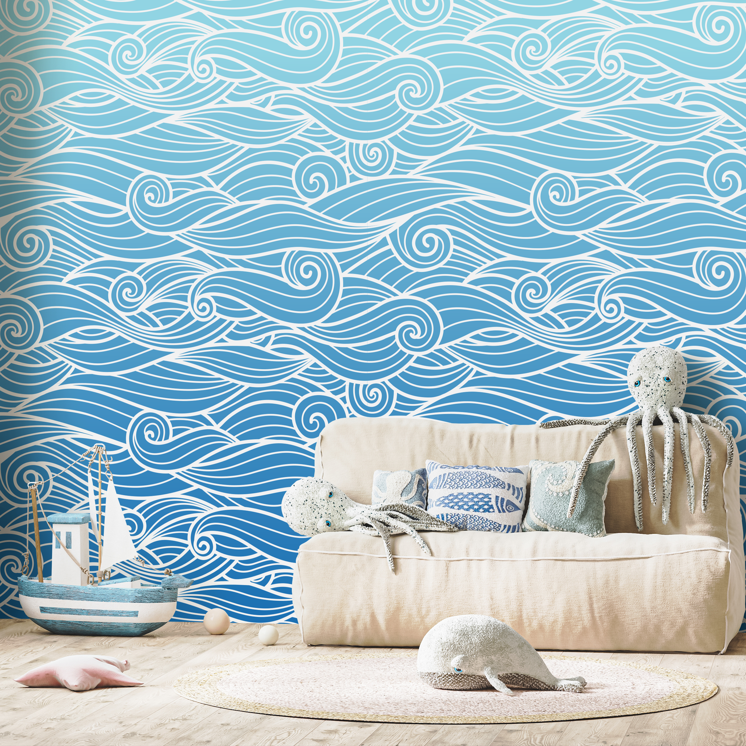 Coastal Wallpaper With Stylized Ocean Waves In Blue And White - B841