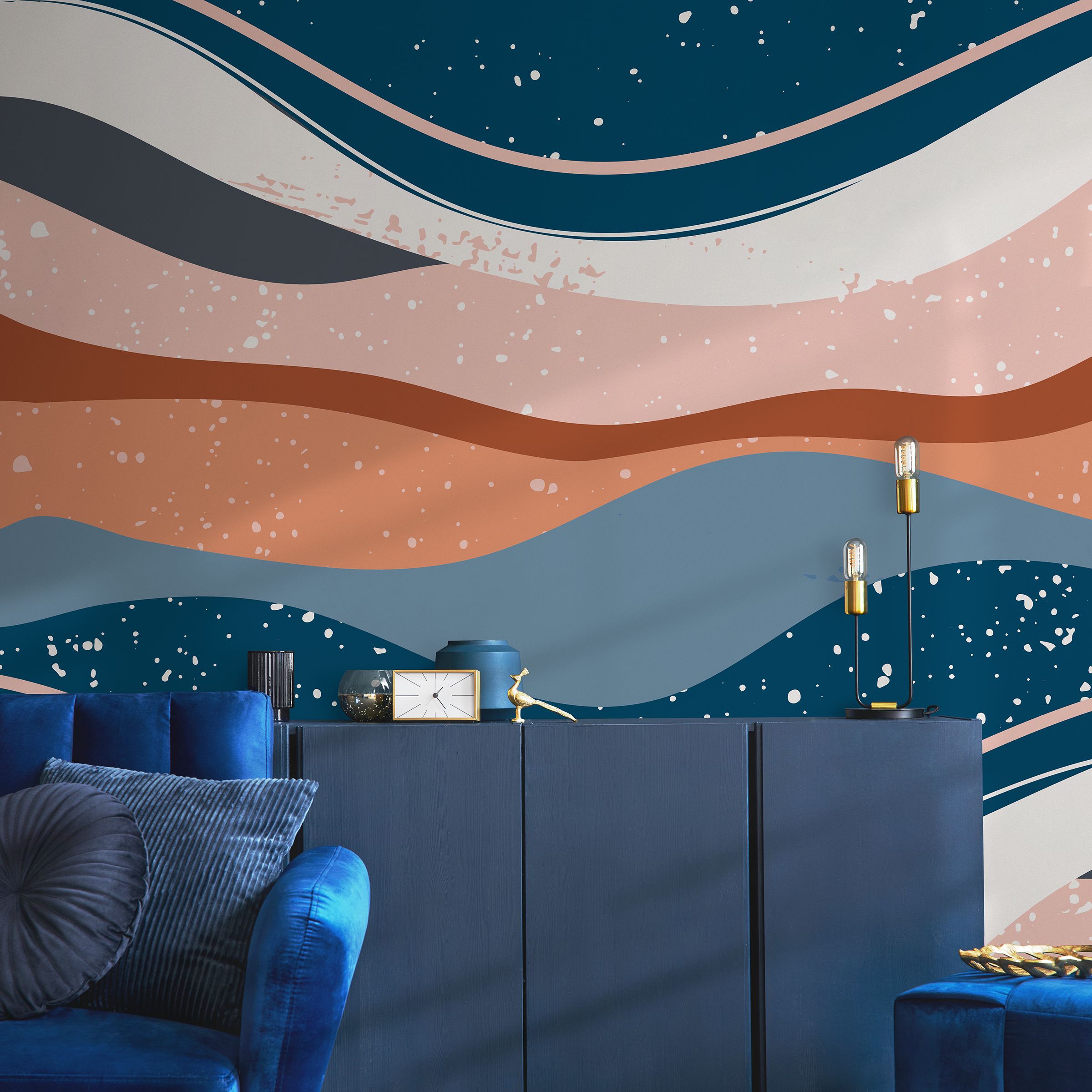 Abstract Wallpaper With Layered Wavy Shapes In Blue, Terracotta, And Pink - B842