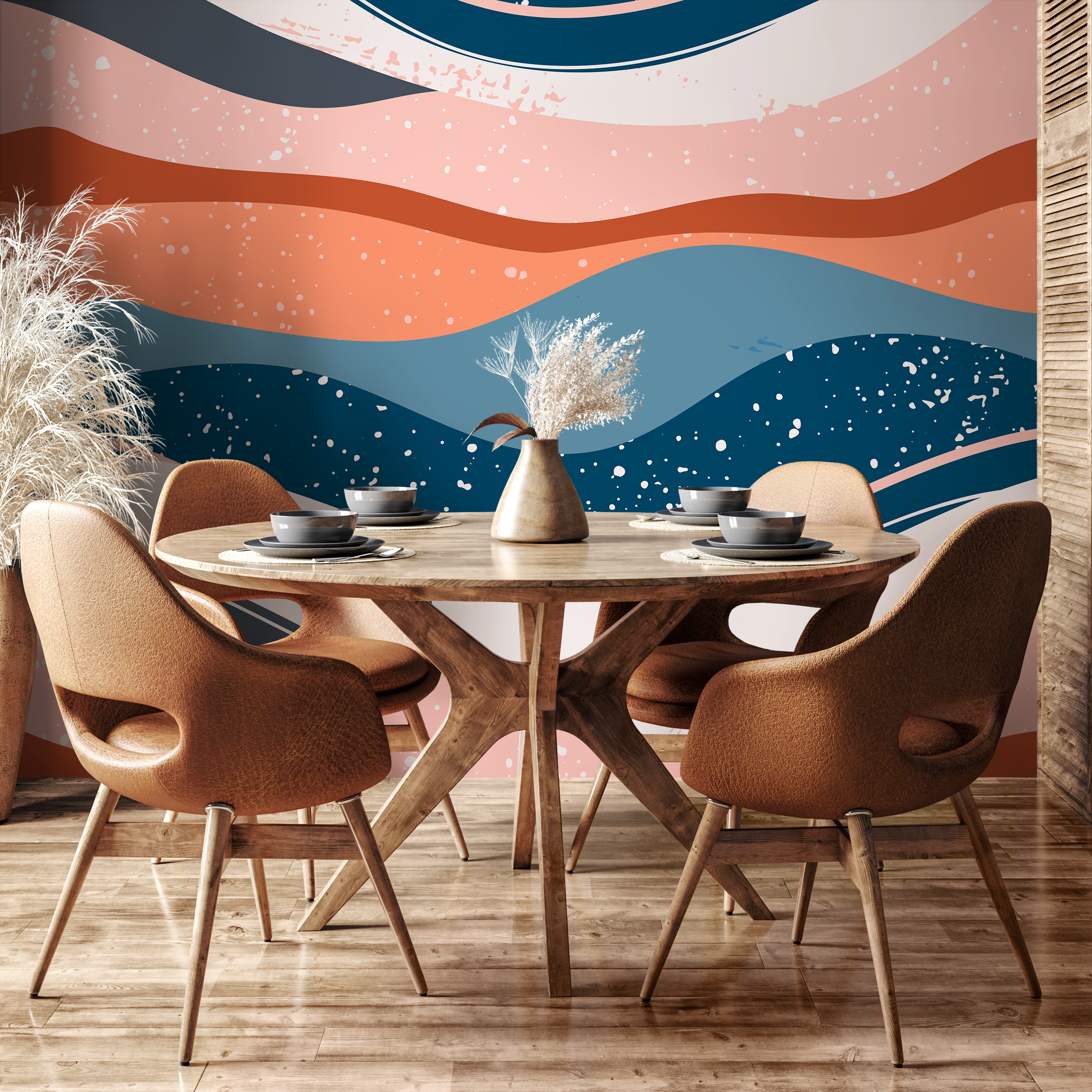 Abstract Wallpaper With Layered Wavy Shapes In Blue, Terracotta, And Pink - B842