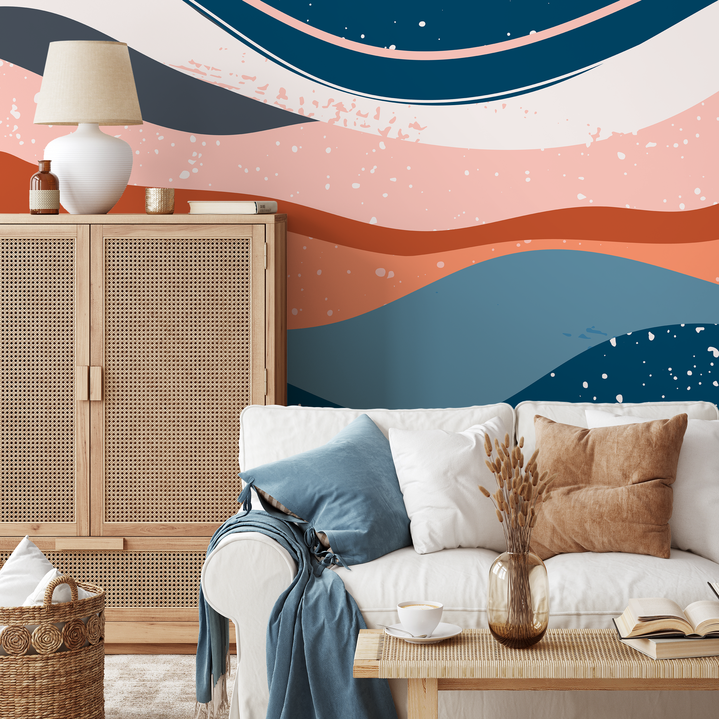 Abstract Wallpaper With Layered Wavy Shapes In Blue, Terracotta, And Pink - B842
