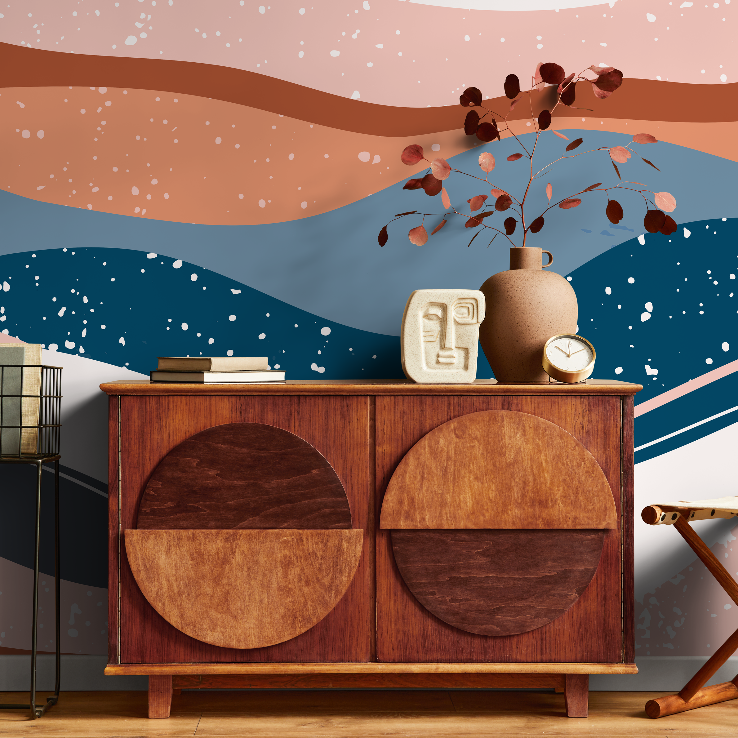 Abstract Wallpaper With Layered Wavy Shapes In Blue, Terracotta, And Pink - B842