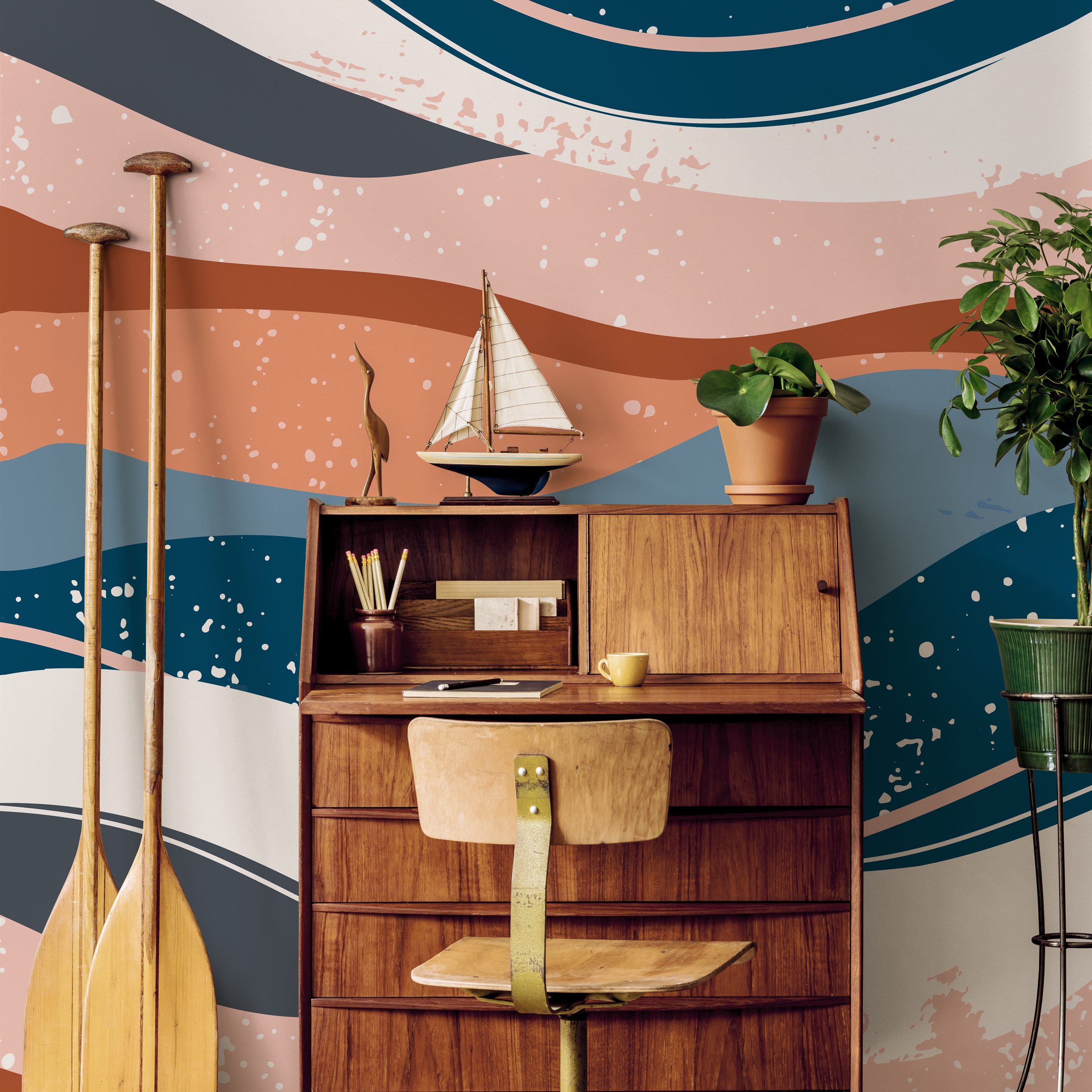 Abstract Wallpaper With Layered Wavy Shapes In Blue, Terracotta, And Pink - B842