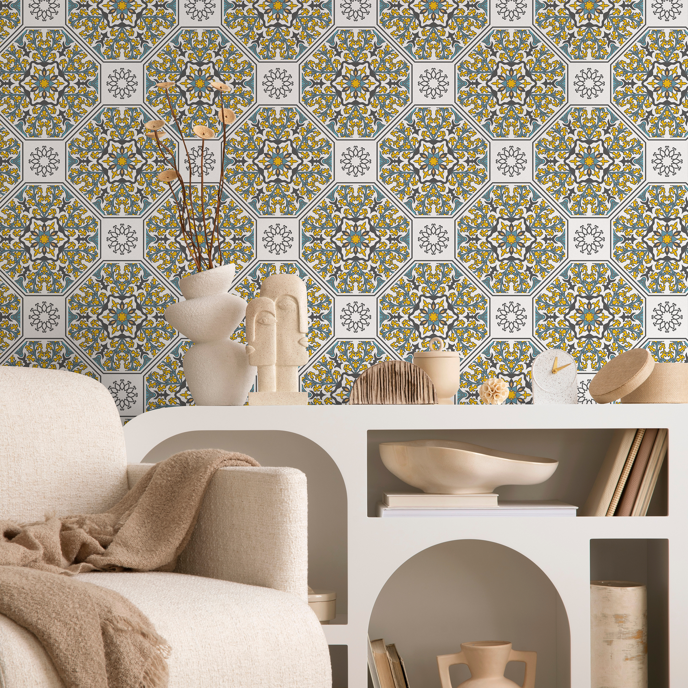 Geometric Wallpaper With A Mediterranean Tile Motif In Yellow, Teal, And Black - B843