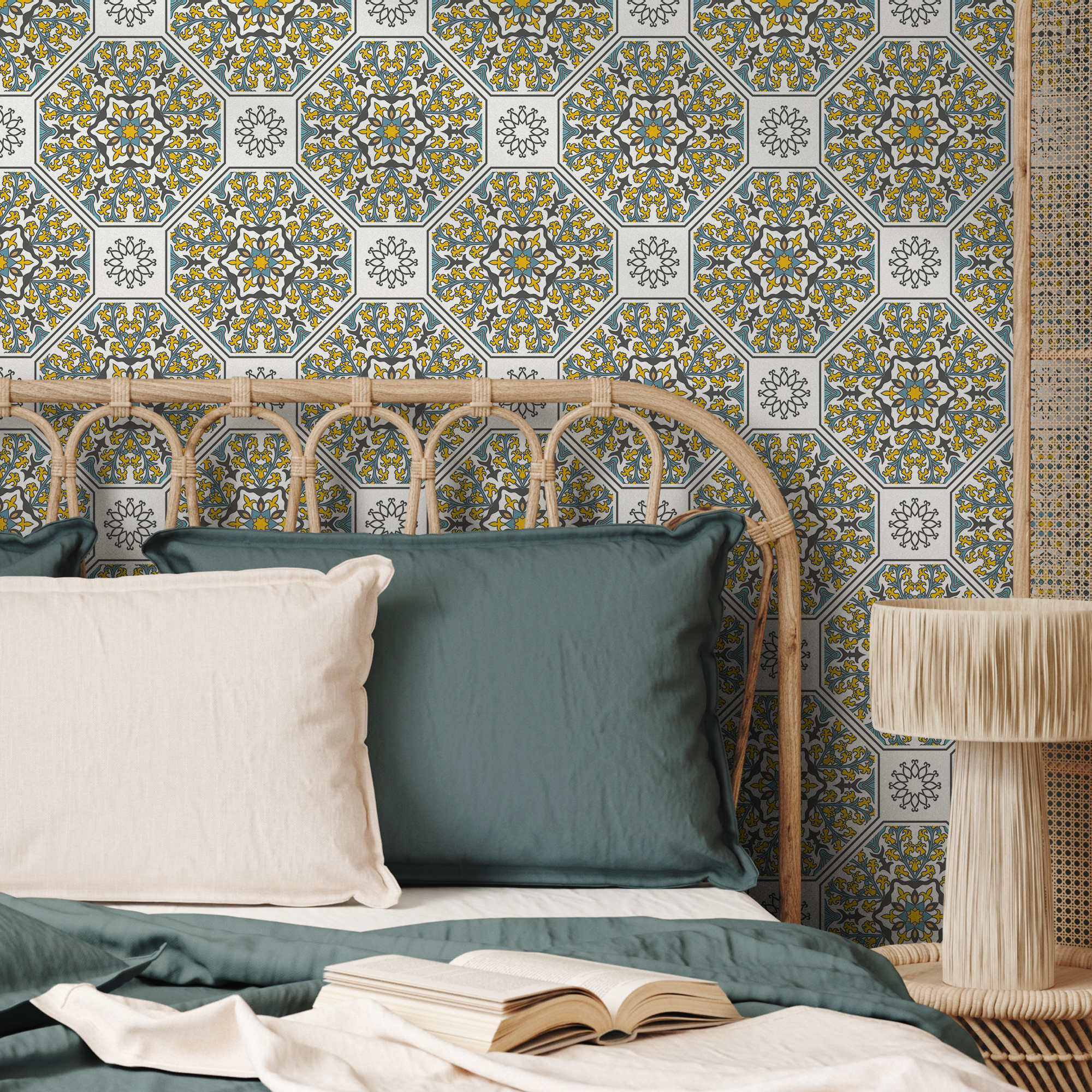 Geometric Wallpaper With A Mediterranean Tile Motif In Yellow, Teal, And Black - B843