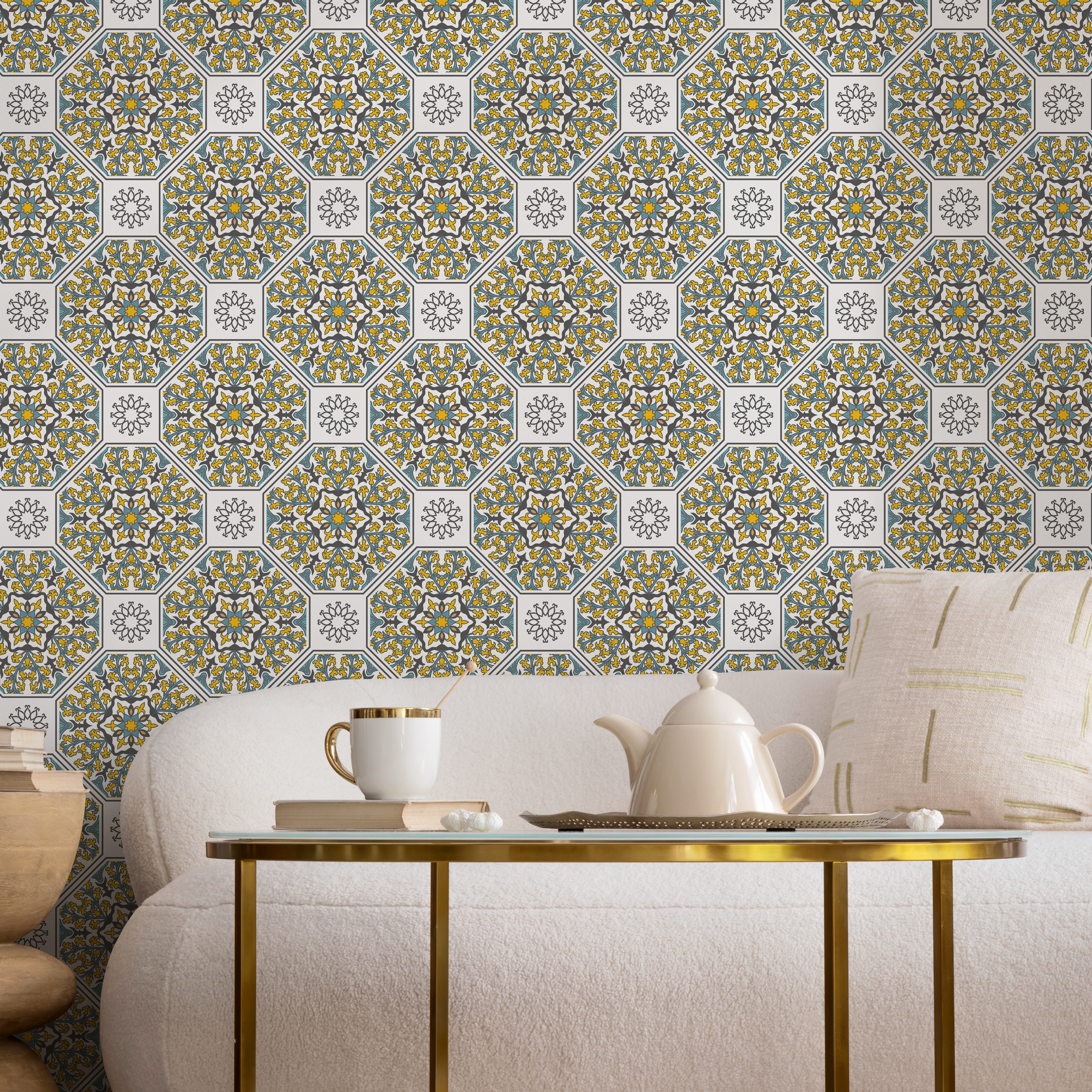 Geometric Wallpaper With A Mediterranean Tile Motif In Yellow, Teal, And Black - B843