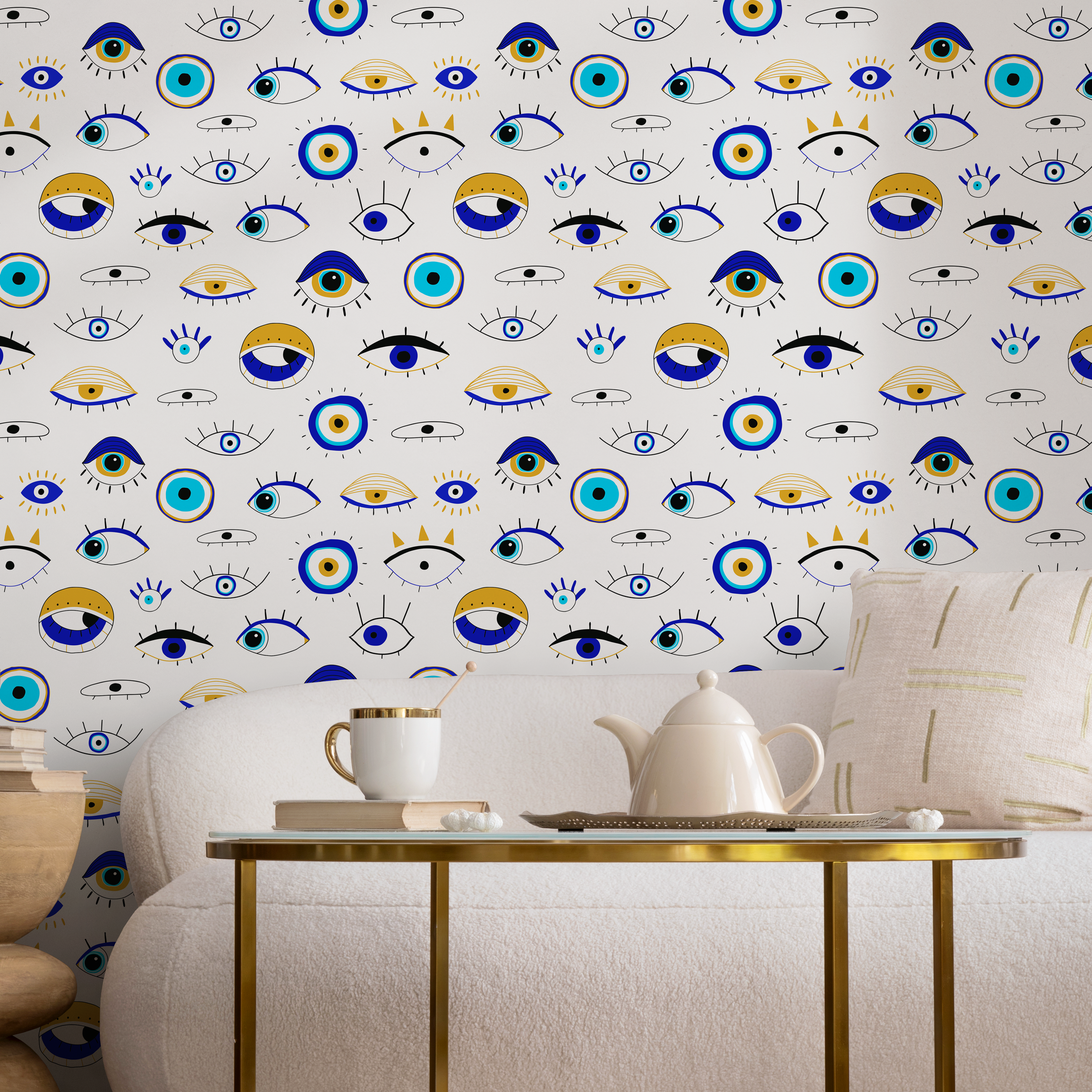 Eclectic Wallpaper With A Protective Evil Eye Motif In Blue, Gold, And Black - B845
