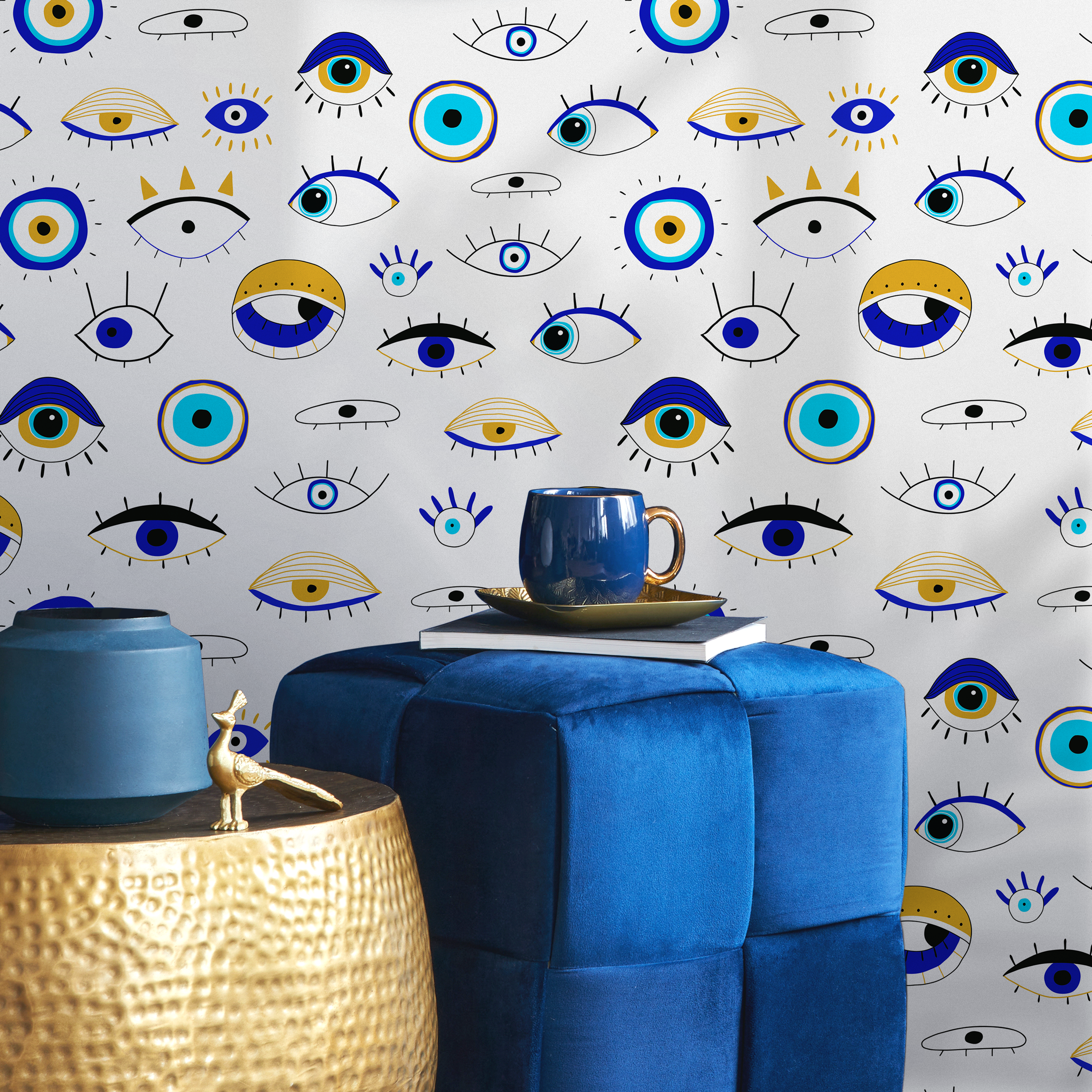 Eclectic Wallpaper With A Protective Evil Eye Motif In Blue, Gold, And Black - B845