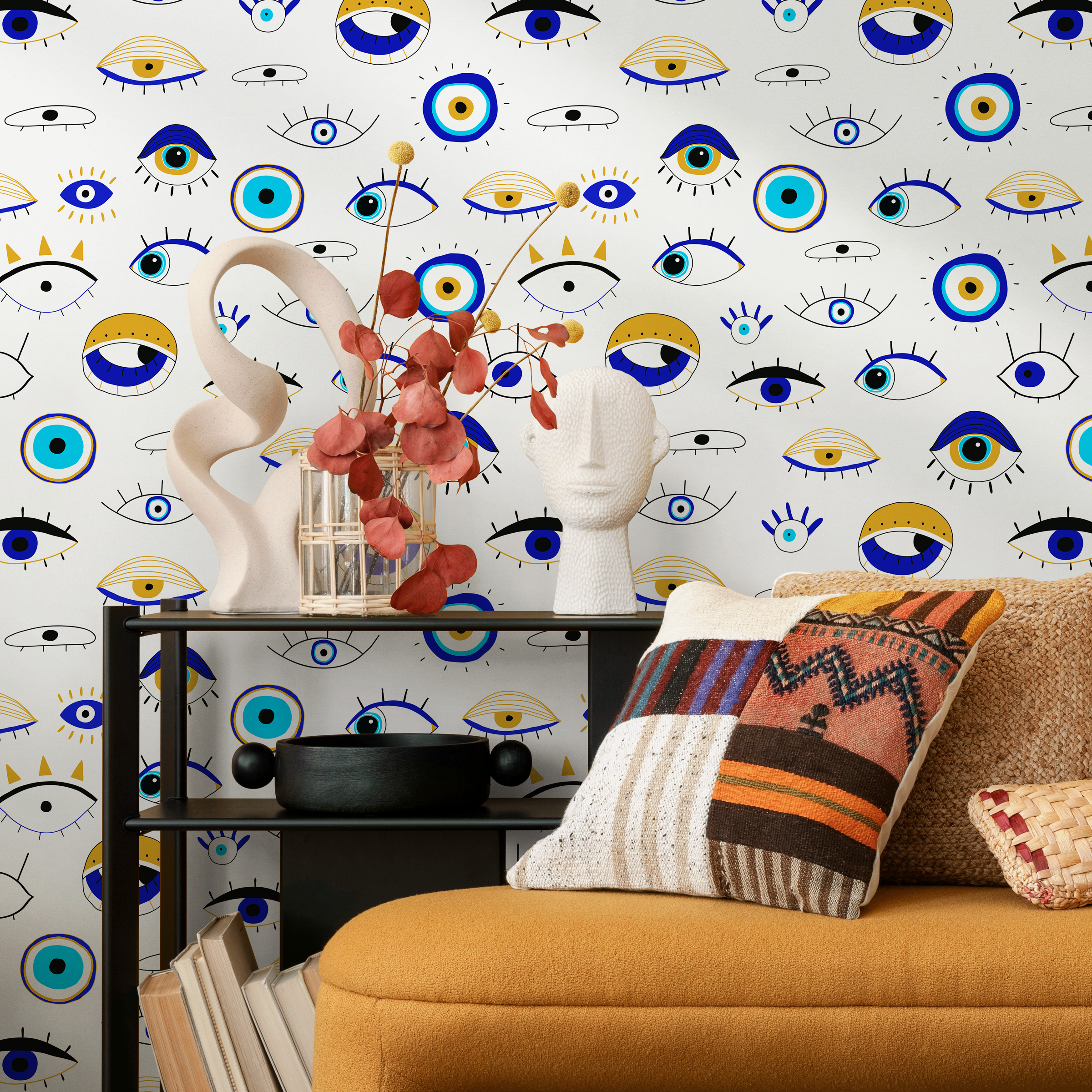 Eclectic Wallpaper With A Protective Evil Eye Motif In Blue, Gold, And Black - B845