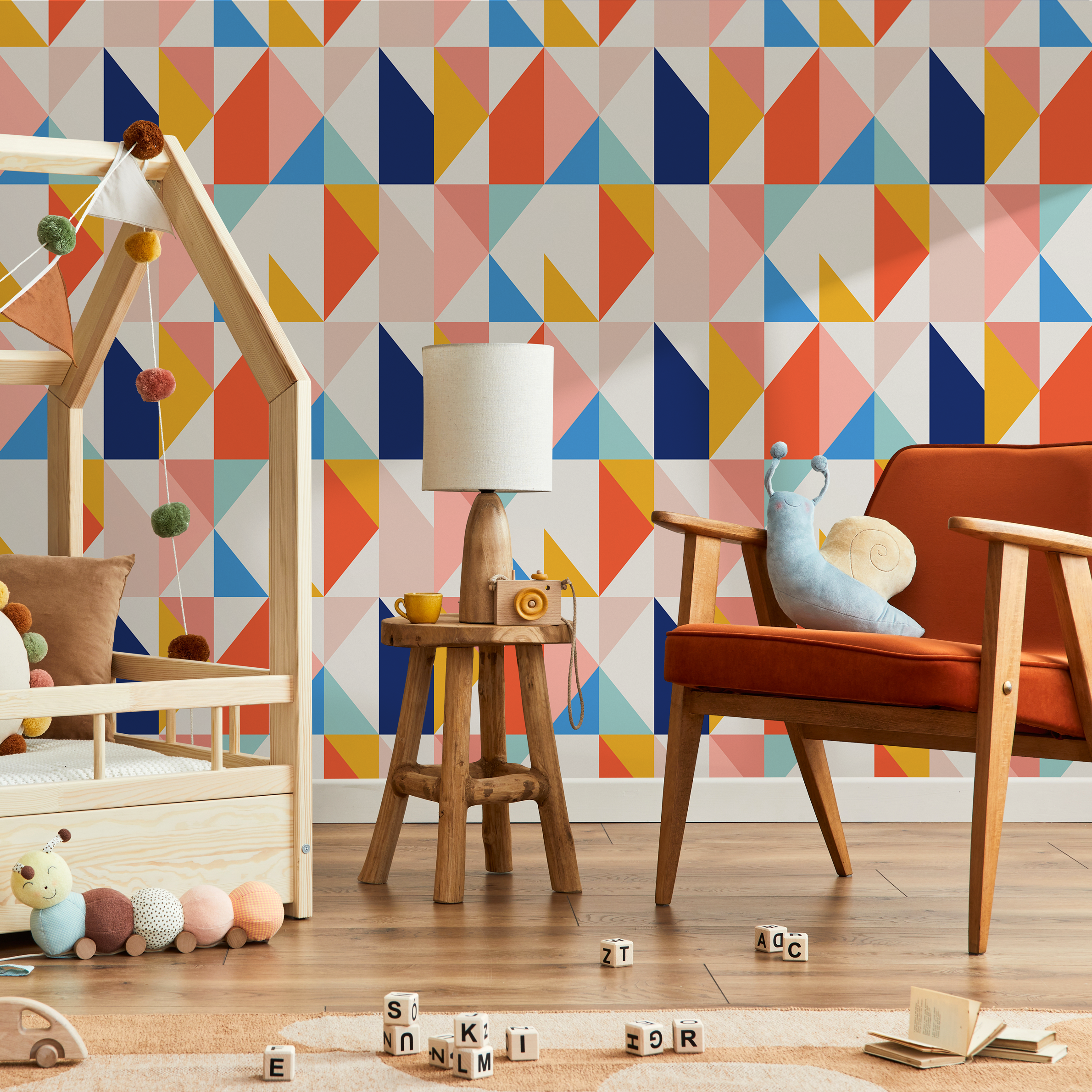 Geometric Wallpaper With A Modern Triangle Motif In Blue, Orange, And Yellow - B846