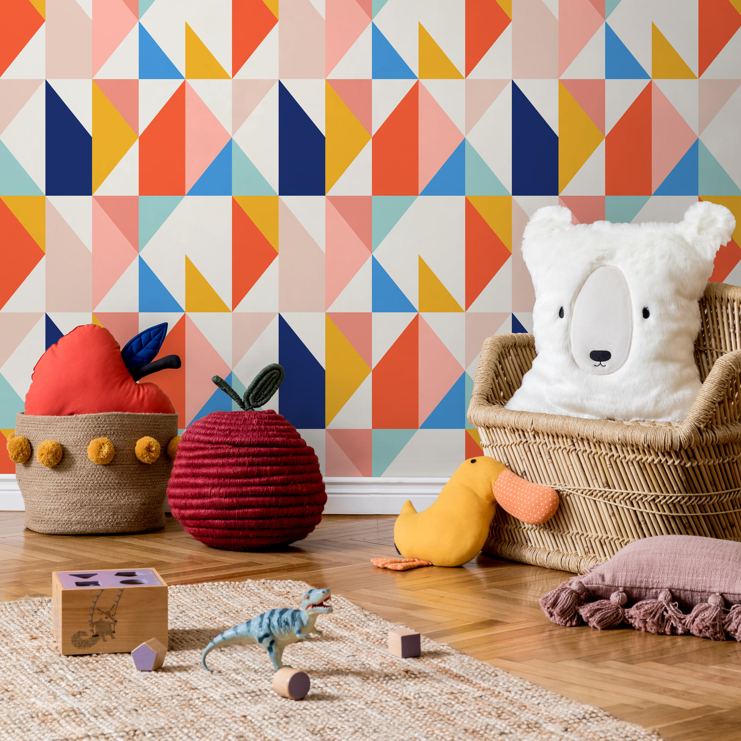 Geometric Wallpaper With A Modern Triangle Motif In Blue, Orange, And Yellow - B846