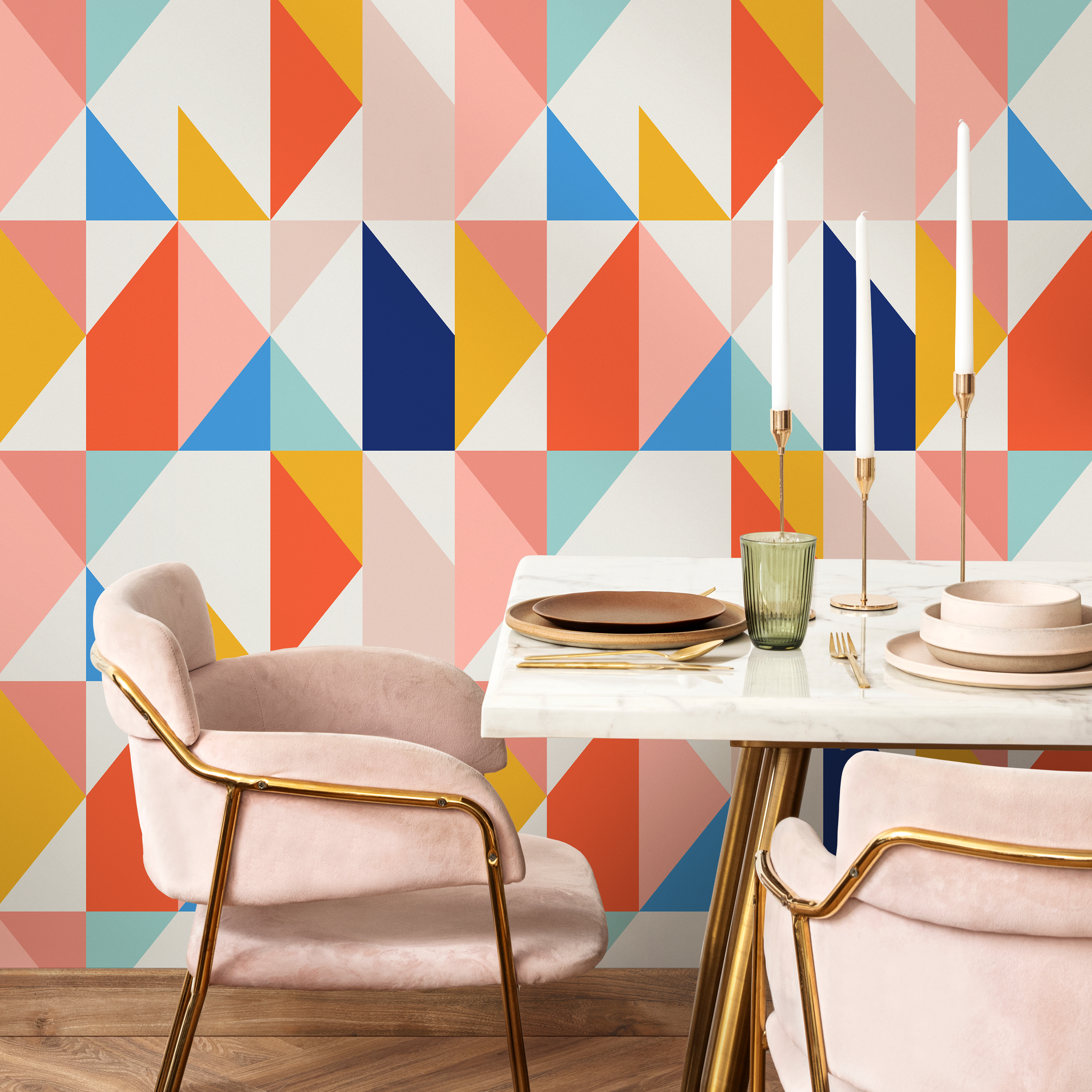 Geometric Wallpaper With A Modern Triangle Motif In Blue, Orange, And Yellow - B846