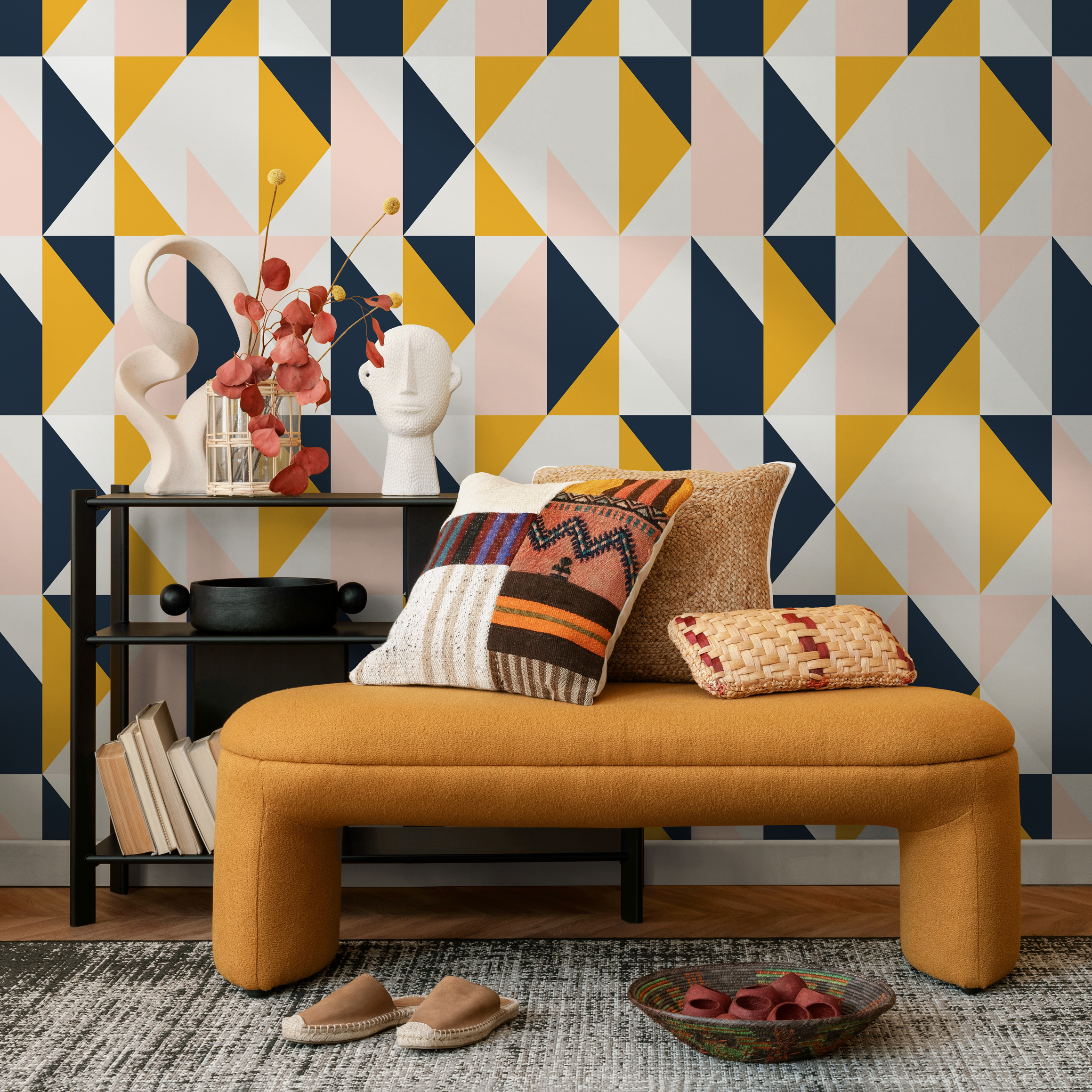 Geometric Wallpaper With A Triangle Grid In Navy, Yellow, And Pink - B847