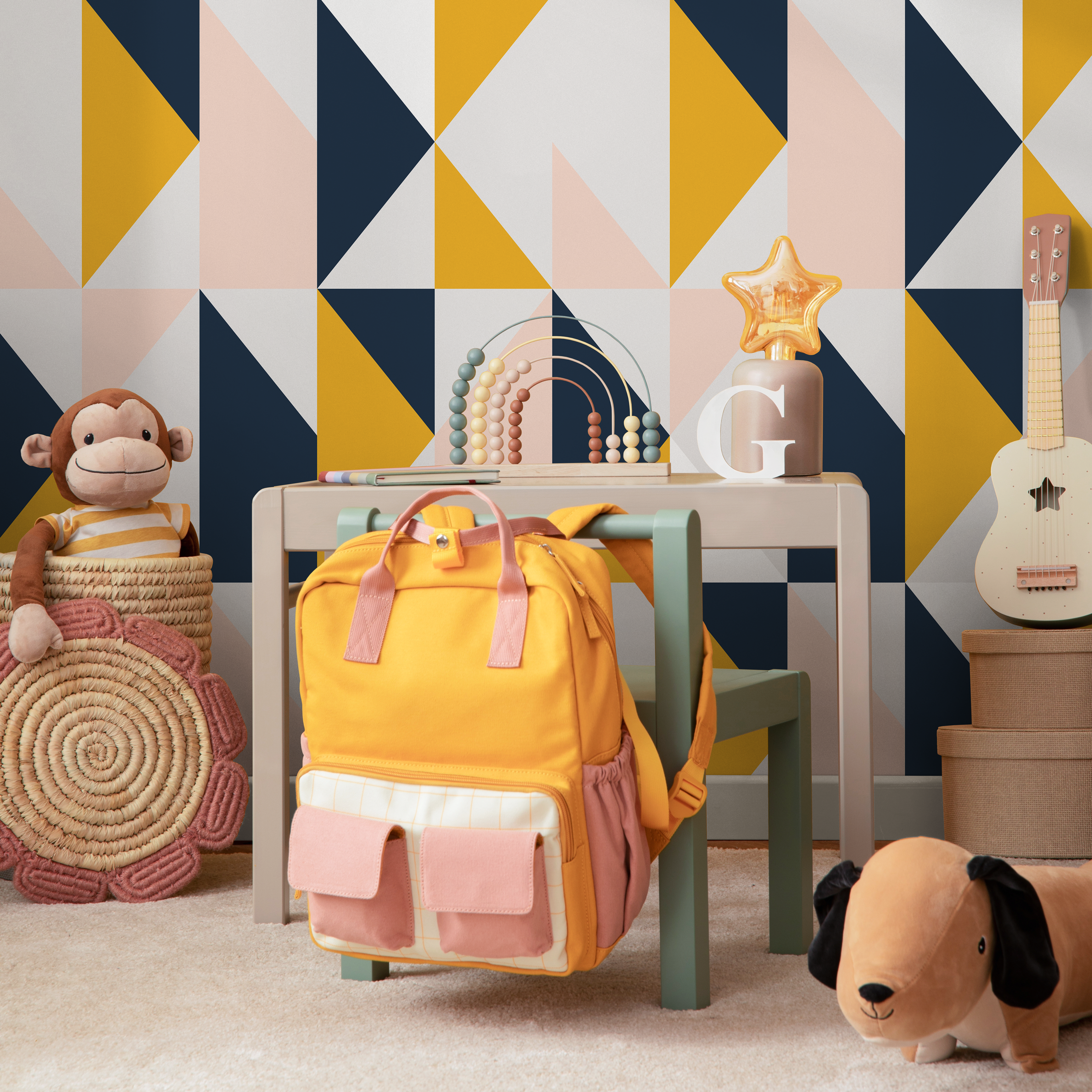 Geometric Wallpaper With A Triangle Grid In Navy, Yellow, And Pink - B847