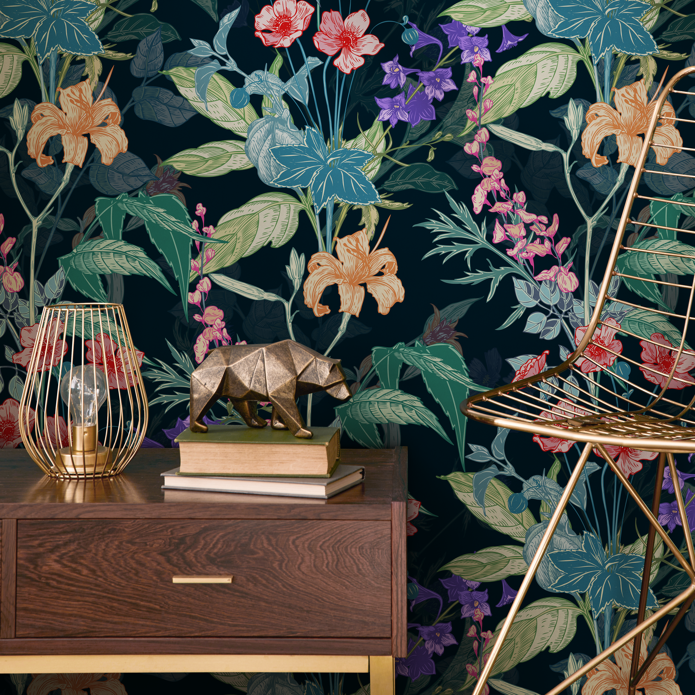 Botanical Wallpaper With A Vintage Floral Motif In Orange, Red, And Purple - B849