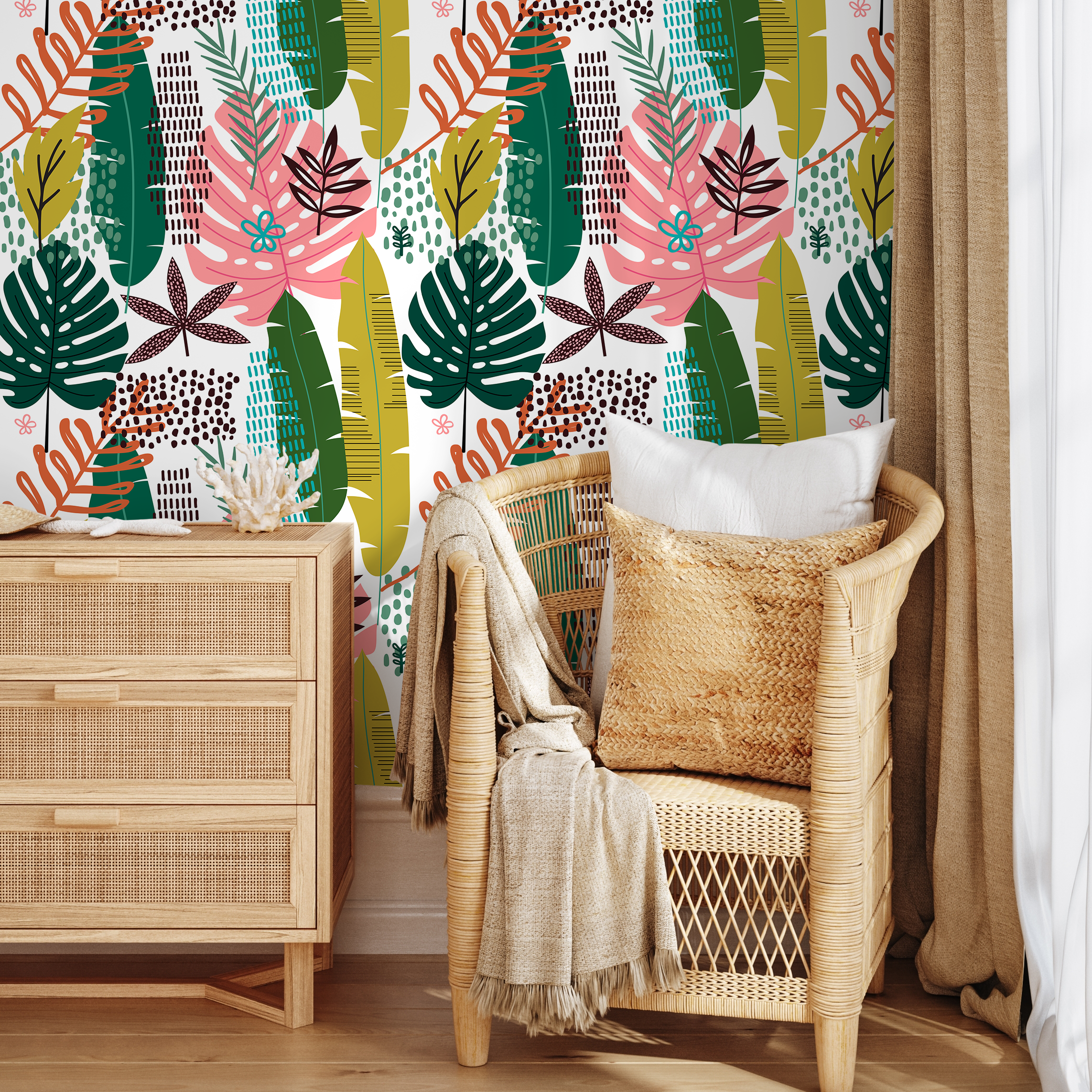 Boho Wallpaper With Tropical And Abstract Leaves In Green, Pink, And Teal - B850