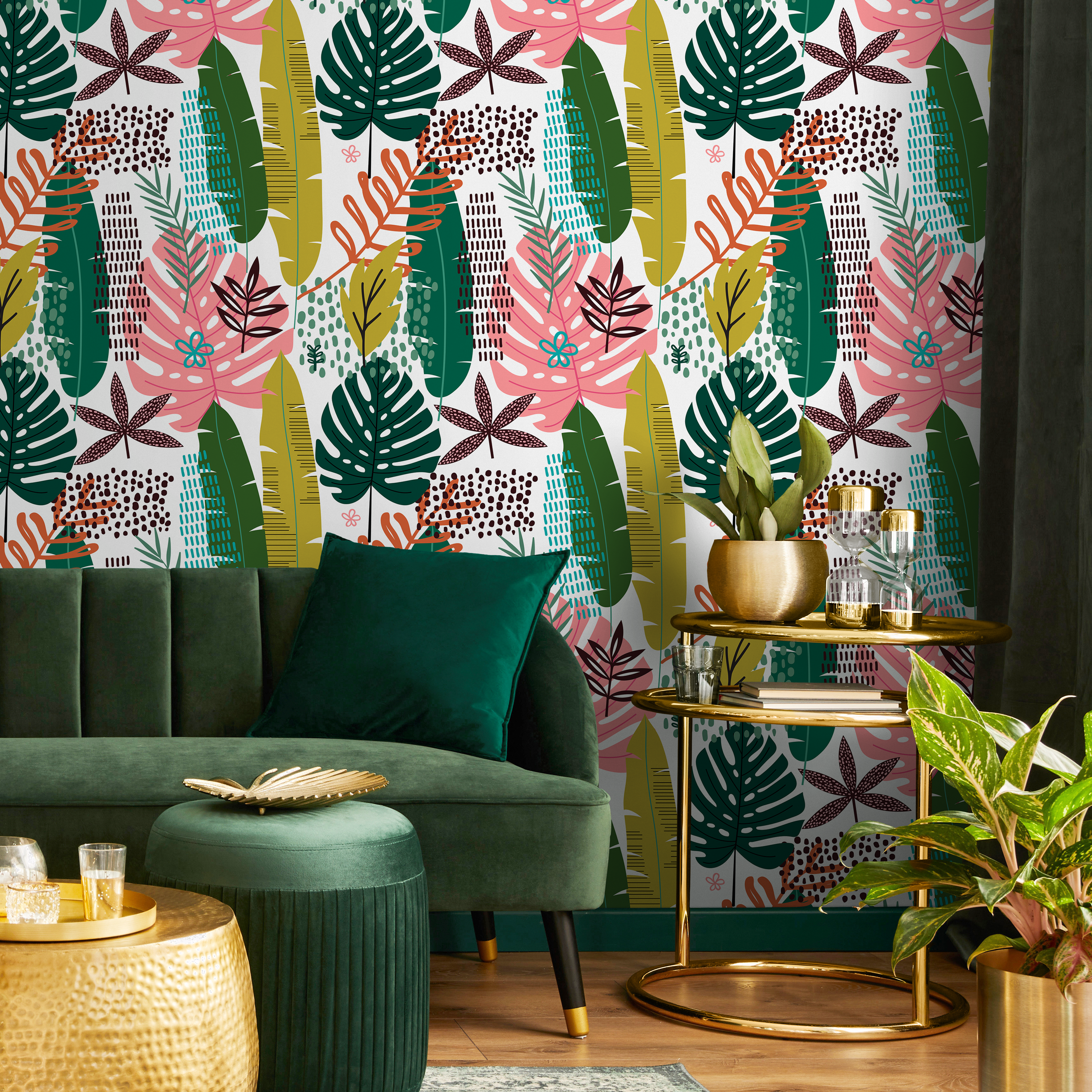 Boho Wallpaper With Tropical And Abstract Leaves In Green, Pink, And Teal - B850