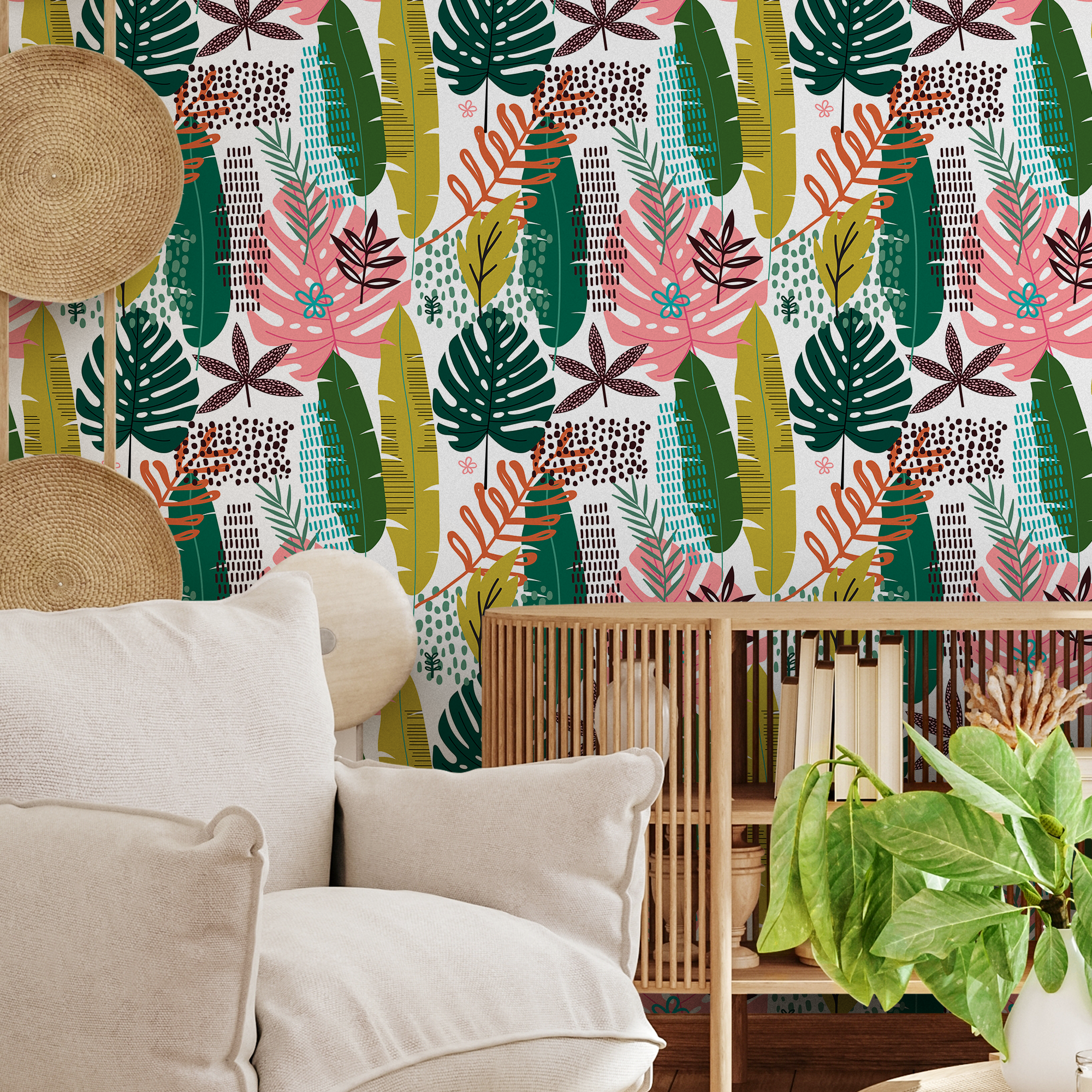 Boho Wallpaper With Tropical And Abstract Leaves In Green, Pink, And Teal - B850