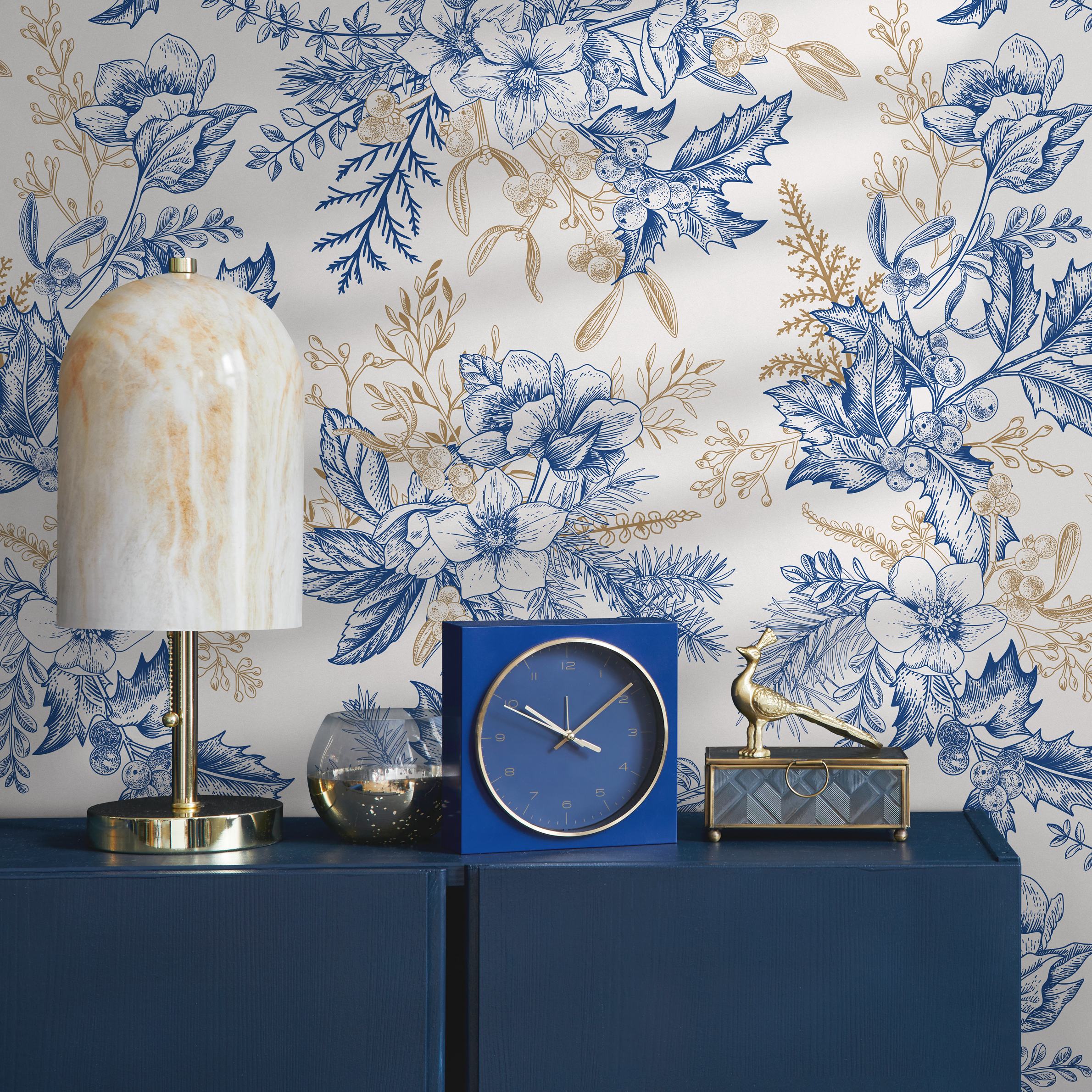 Botanical Wallpaper With Vintage Floral Bouquets In Blue And Gold - B852