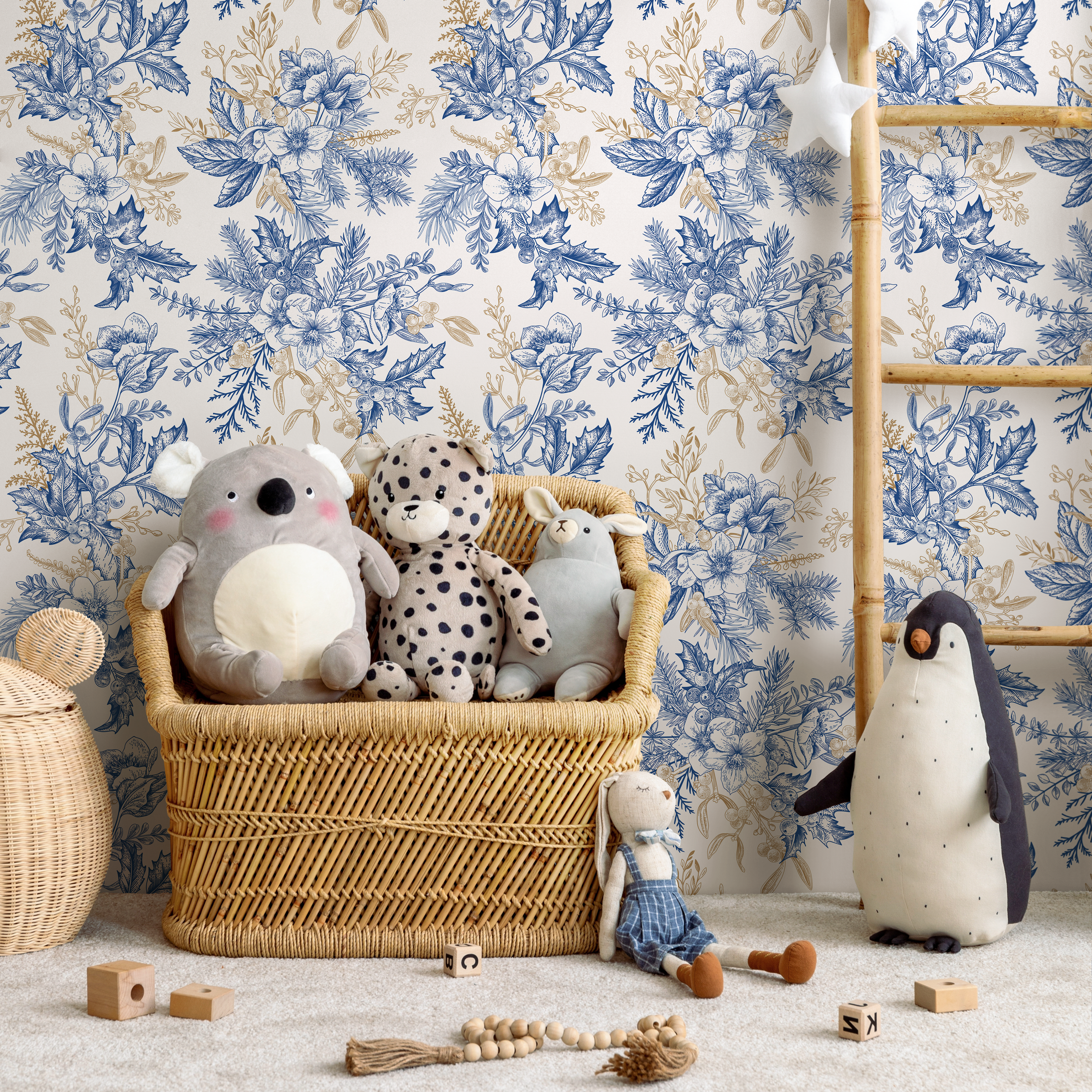 Botanical Wallpaper With Vintage Floral Bouquets In Blue And Gold - B852