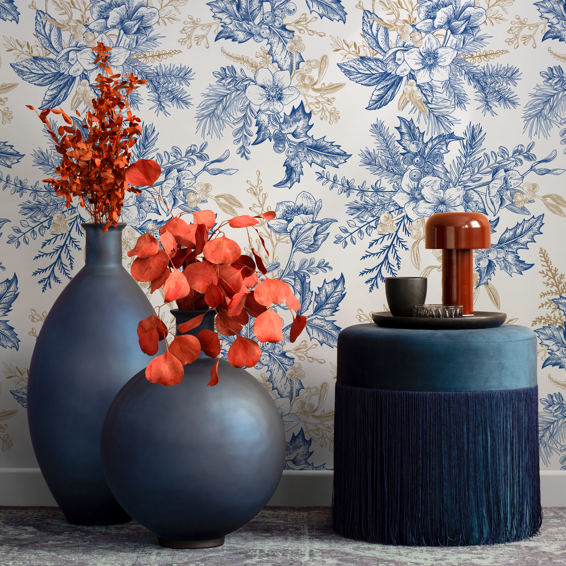 Botanical Wallpaper With Vintage Floral Bouquets In Blue And Gold - B852