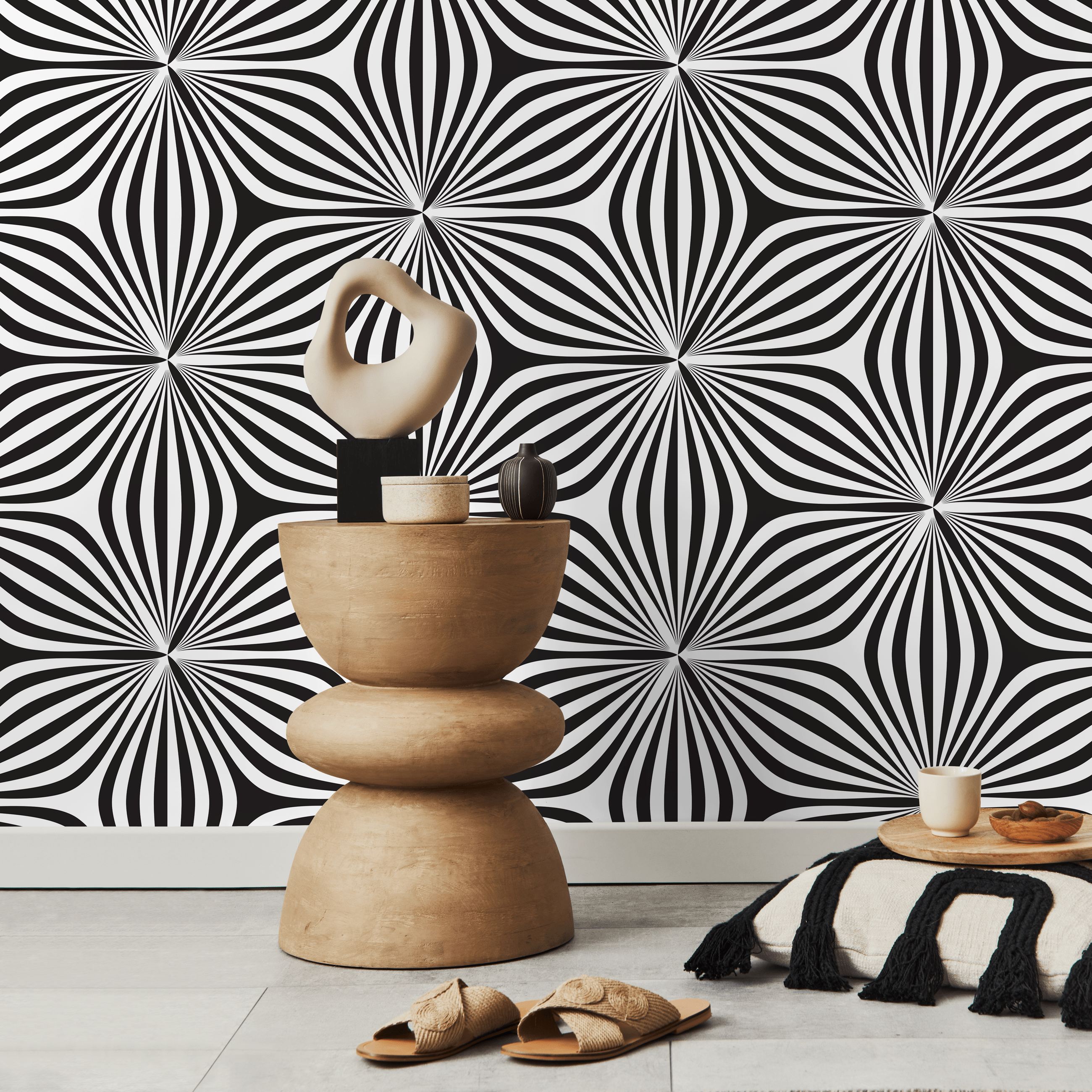 Geometric Wallpaper With An Optical Starburst Motif In Black And White - B855