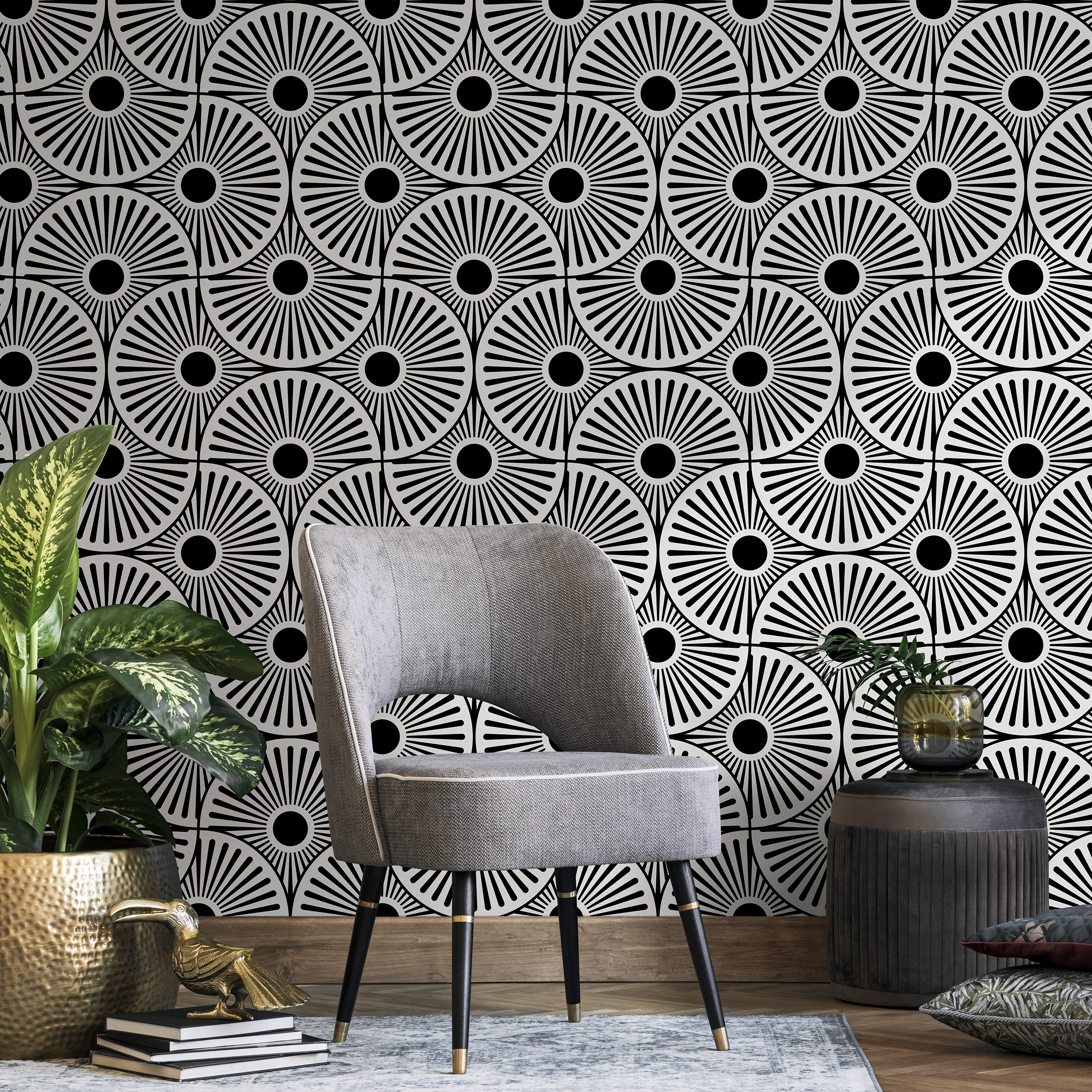 Art Deco Wallpaper Featuring A Bold Sunburst Motif In Black And White - B859