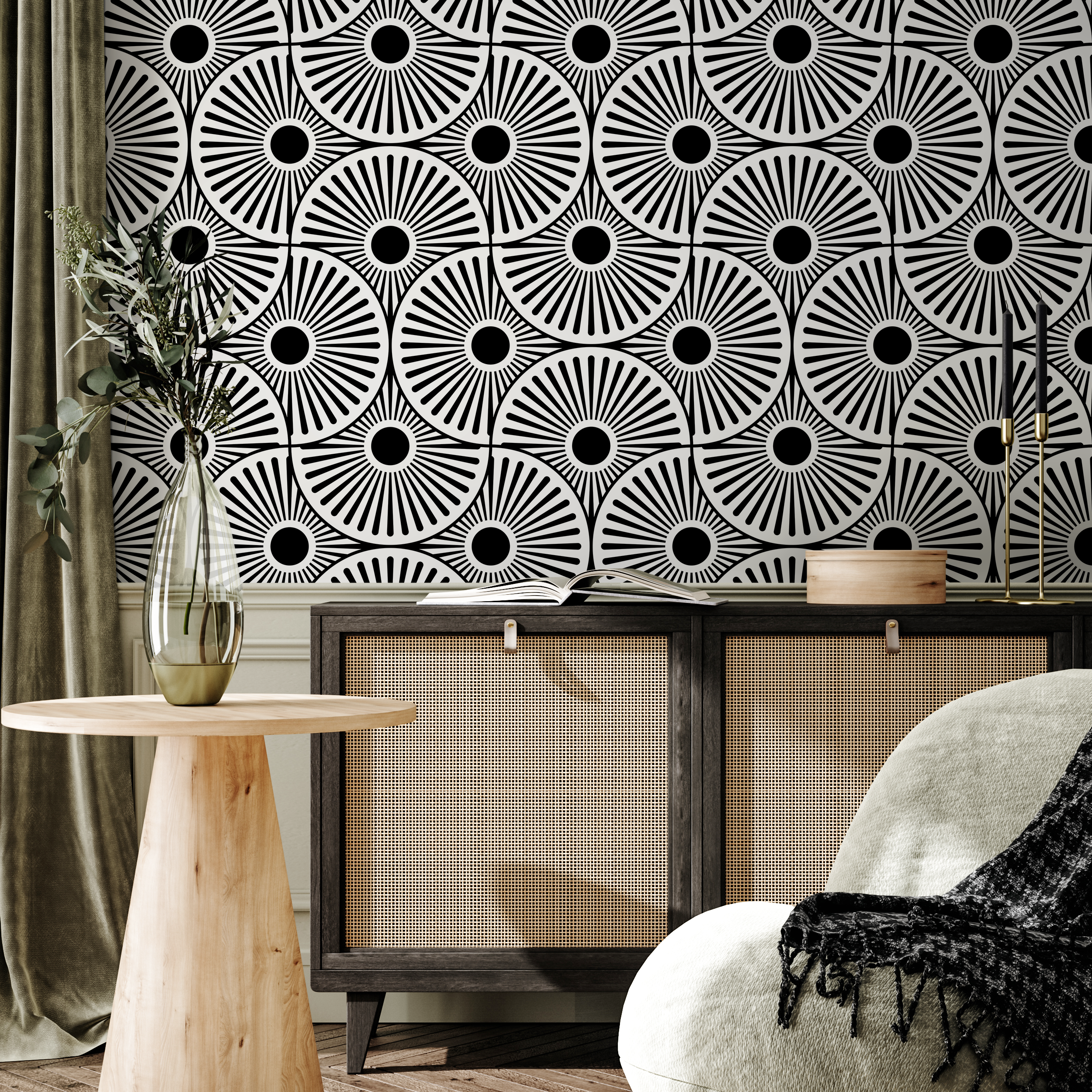 Art Deco Wallpaper Featuring A Bold Sunburst Motif In Black And White - B859