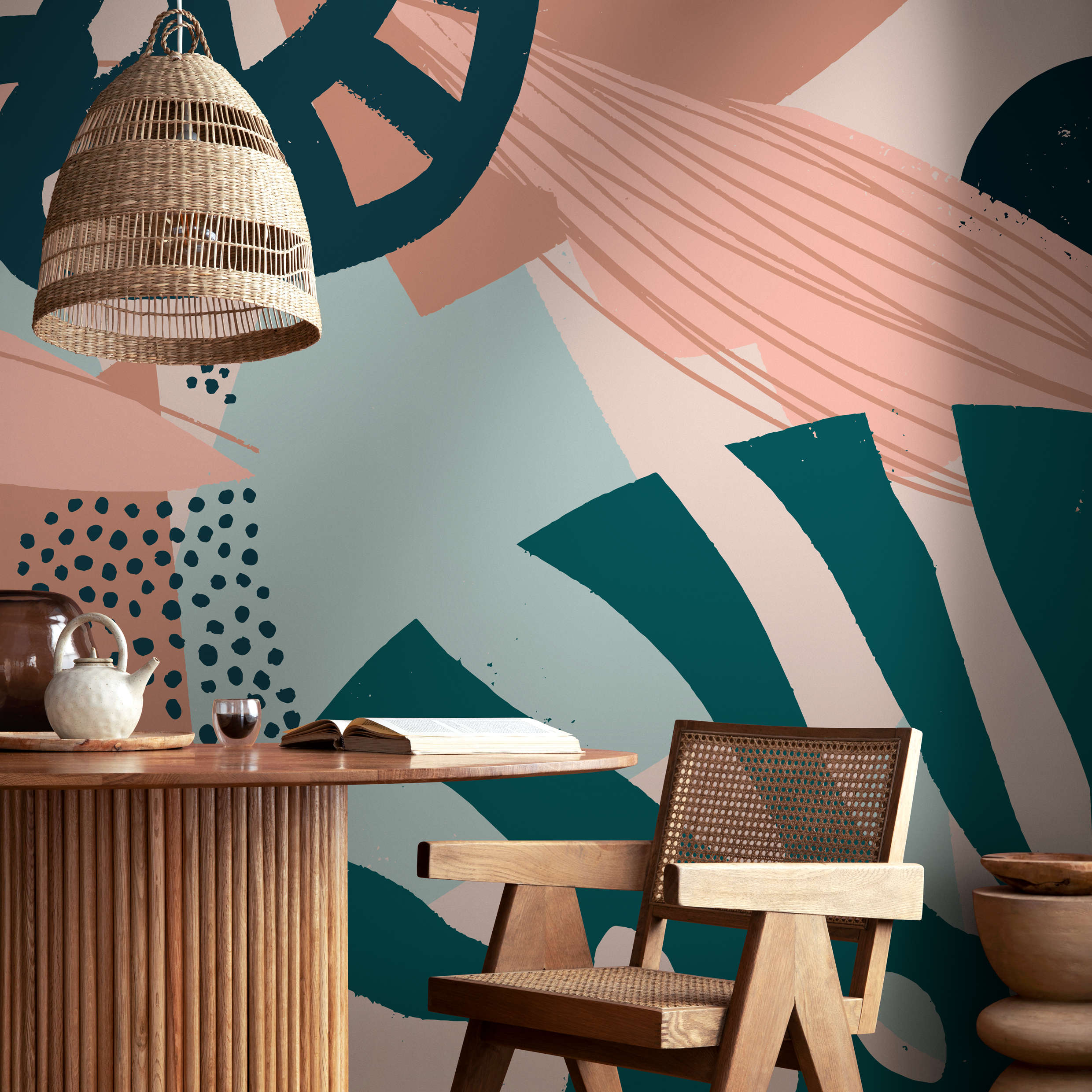 Abstract Wallpaper With Bold Shapes And Brushstrokes In Pink, Teal, And Sage - B861