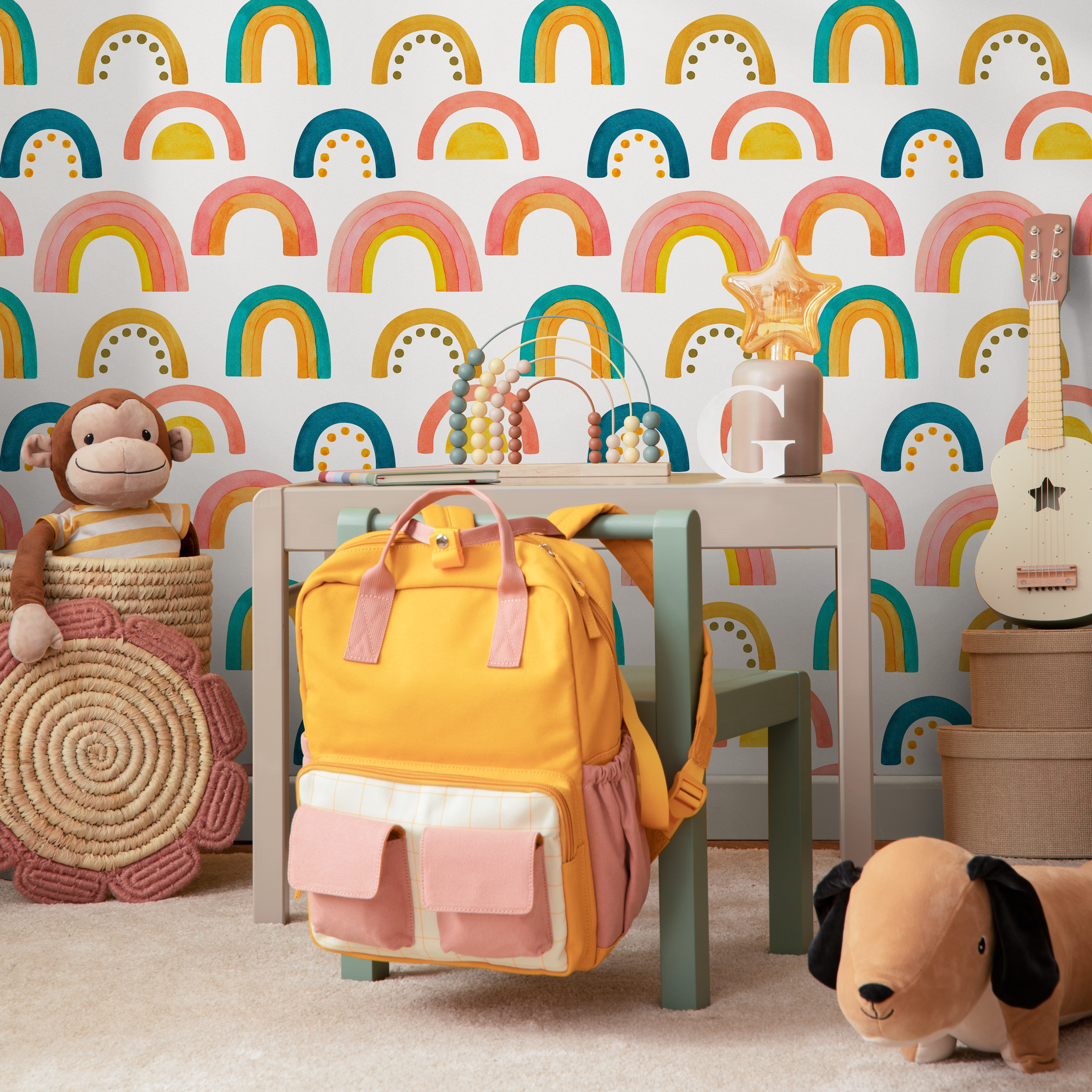 Rainbow Wallpaper With A Watercolor Style In Pink, Yellow, And Teal - B863