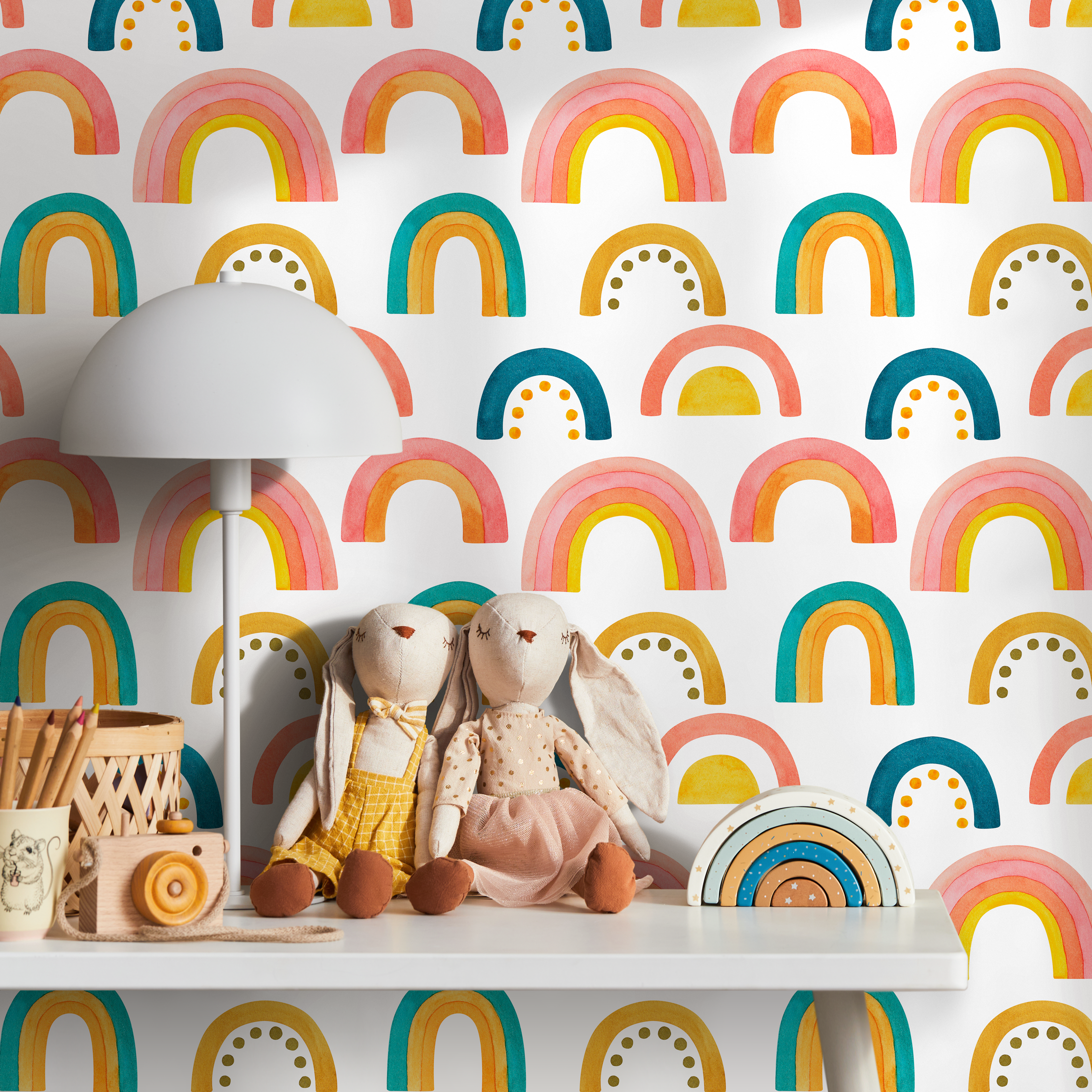 Rainbow Wallpaper With A Watercolor Style In Pink, Yellow, And Teal - B863