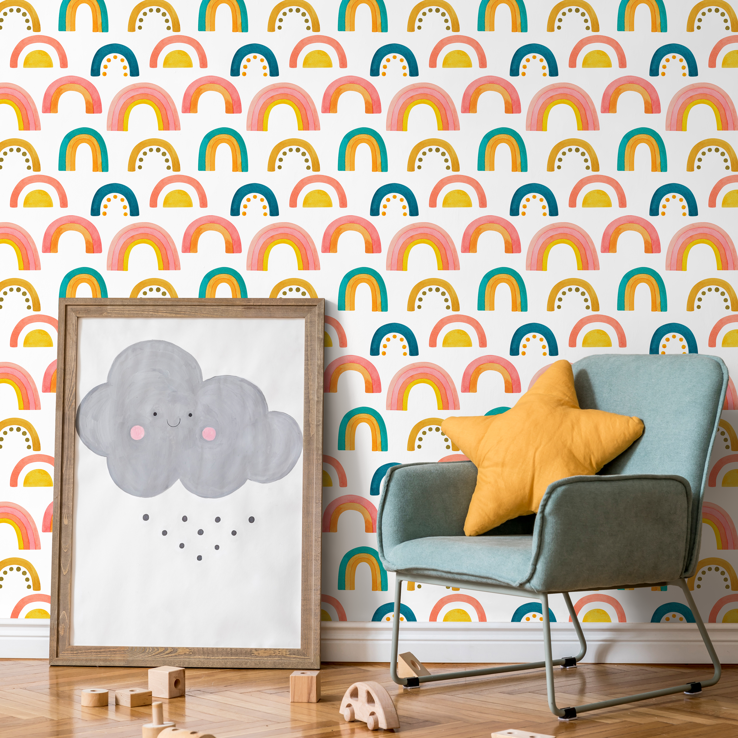 Rainbow Wallpaper With A Watercolor Style In Pink, Yellow, And Teal - B863