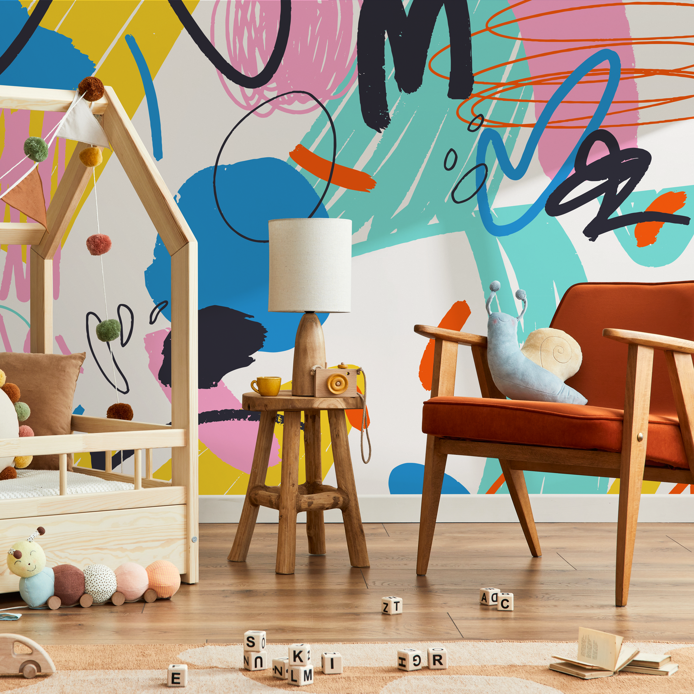 Abstract Wallpaper With Colorful Scribbles In Yellow, Pink, And Blue - B867