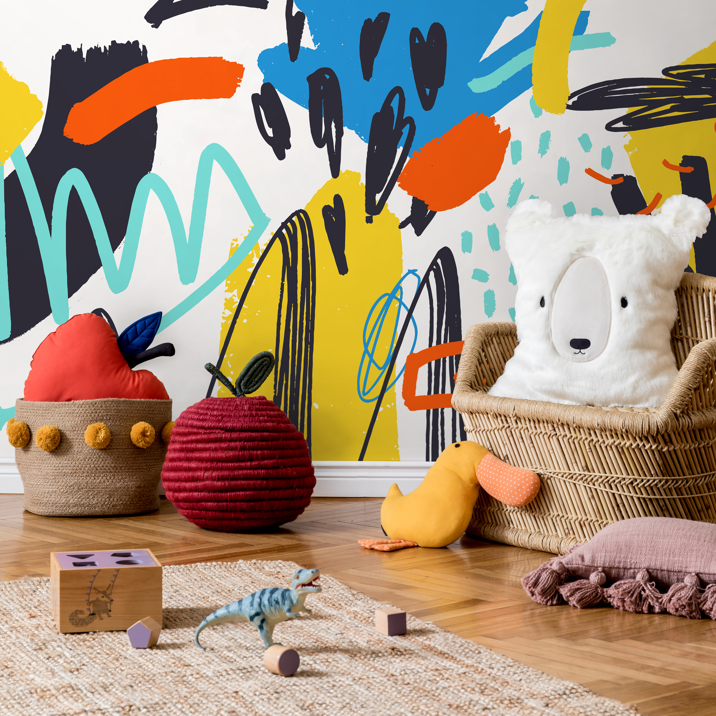 Abstract Wallpaper With Colorful Scribble Art In Blue, Yellow, And Orange - B868