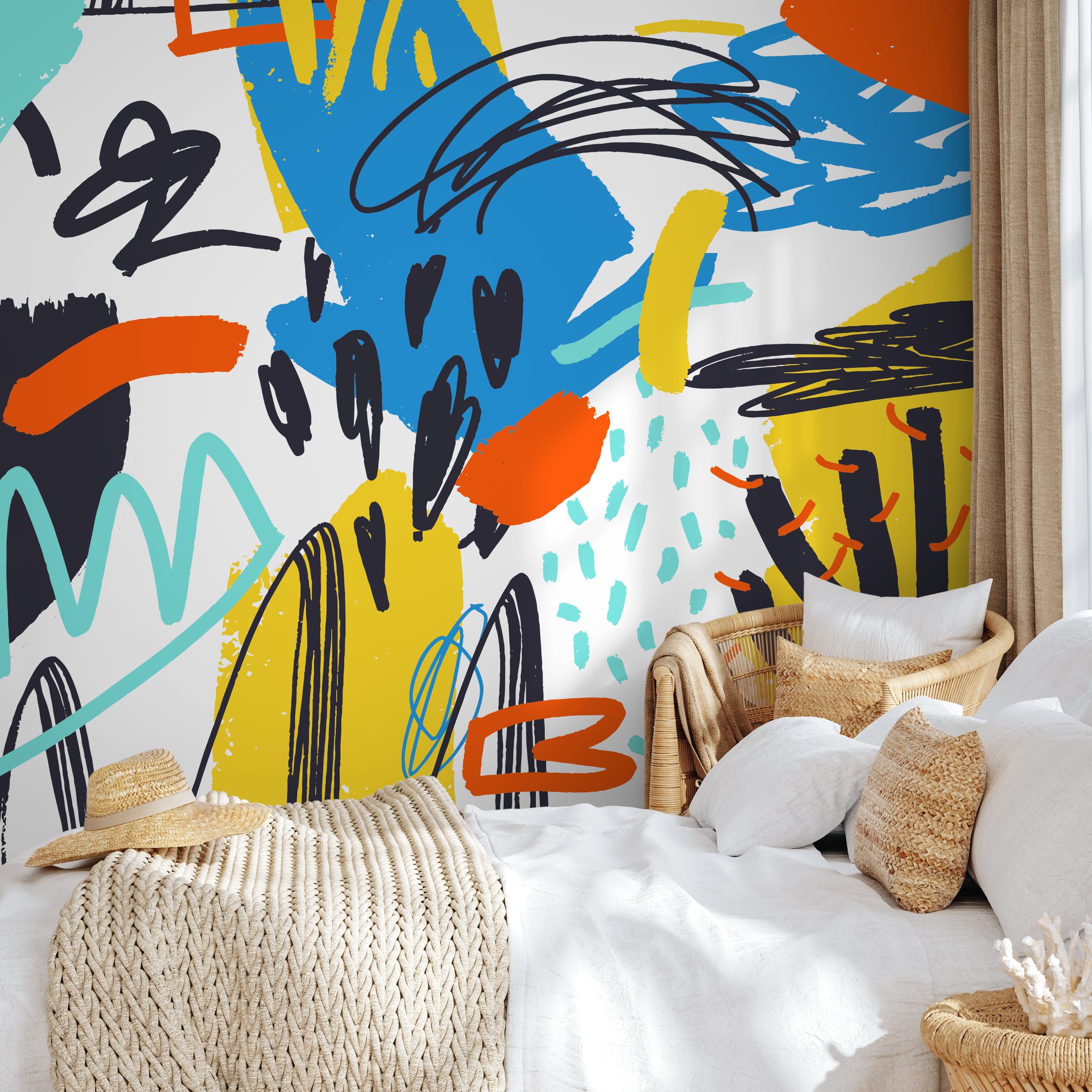 Abstract Wallpaper With Colorful Scribble Art In Blue, Yellow, And Orange - B868