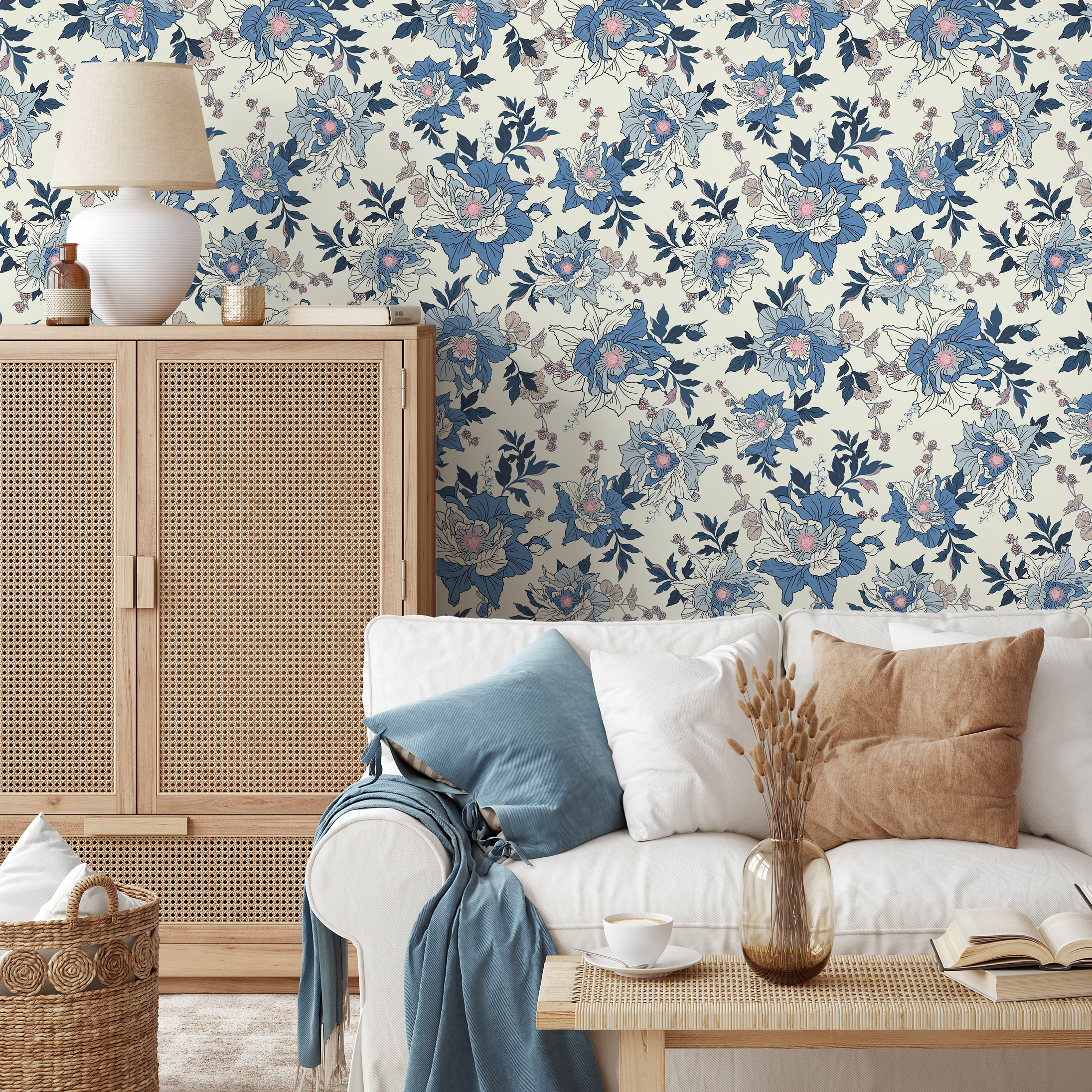 Vintage Floral Wallpaper With Illustrated Peonies In Blue And Pink - B870