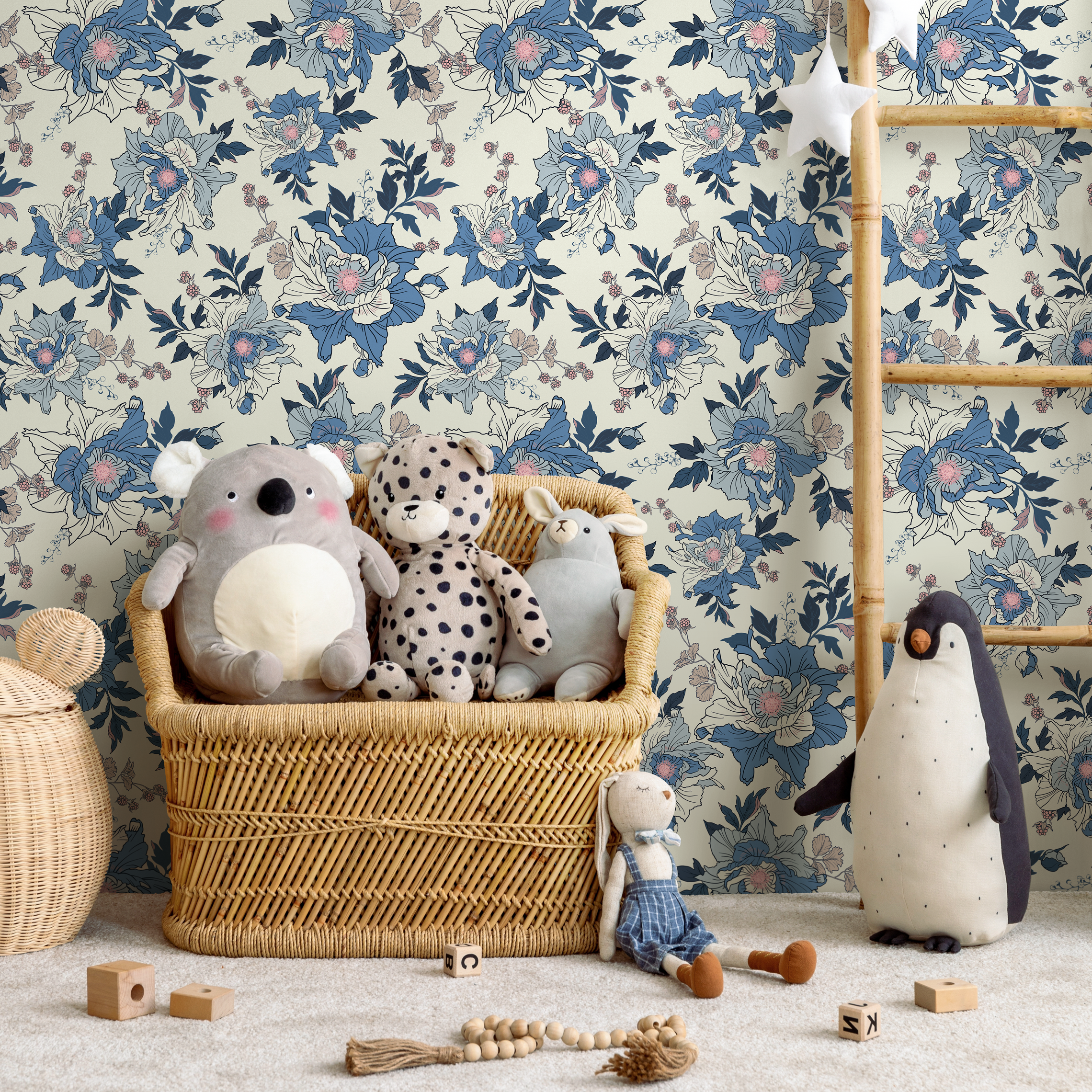 Vintage Floral Wallpaper With Illustrated Peonies In Blue And Pink - B870