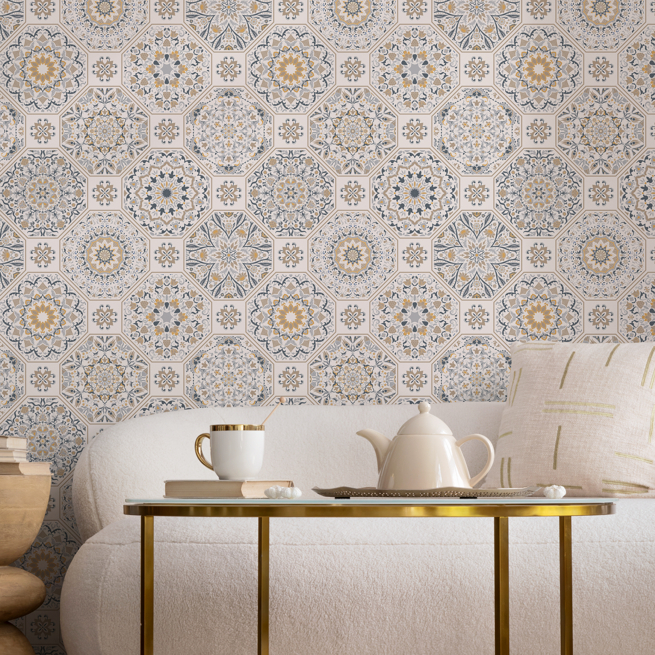 Tile Wallpaper With Intricate Mandala Motifs In Blue, Yellow, And Beige - B872