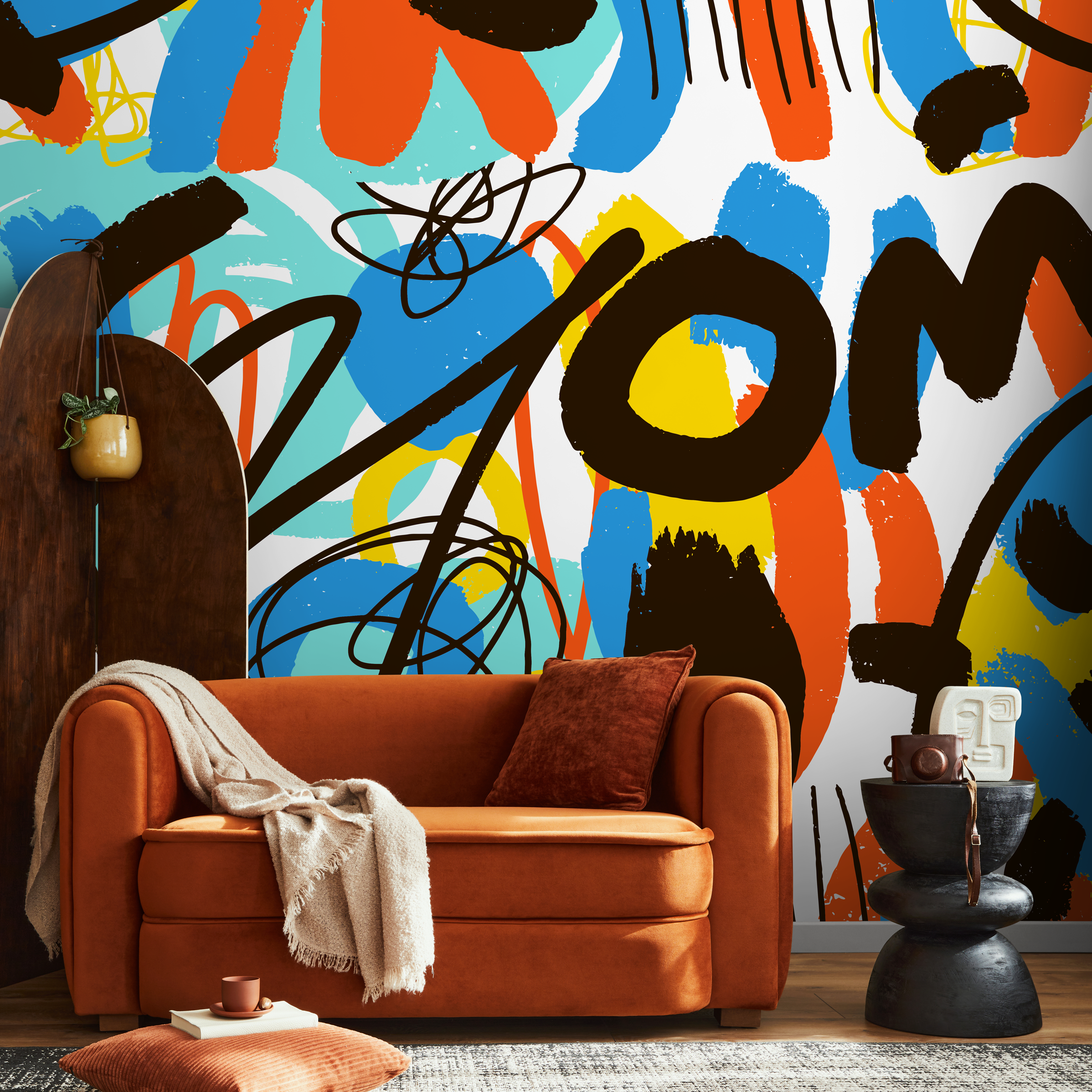 Abstract Wallpaper With A Graffiti Scribble Motif In Blue, Yellow, And Orange - B873