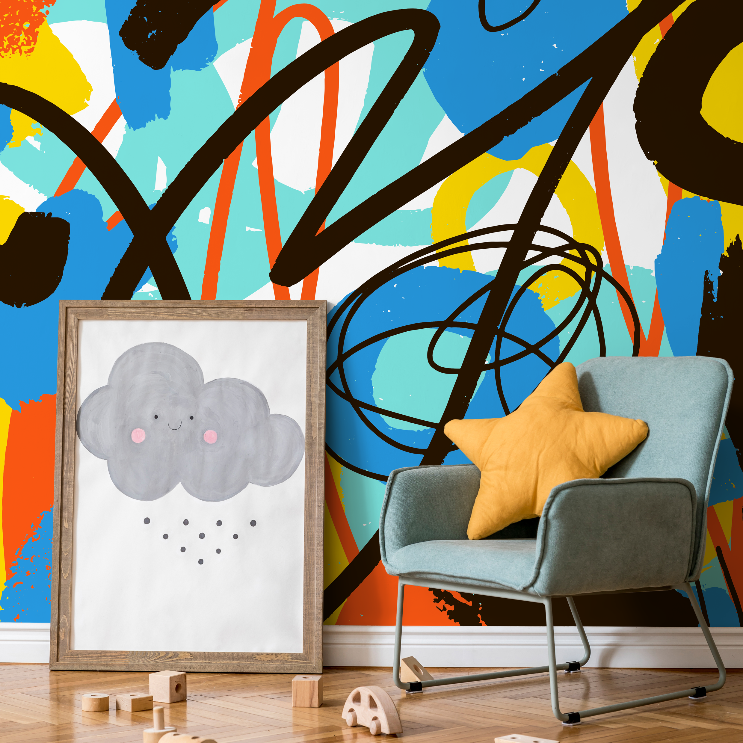 Abstract Wallpaper With A Graffiti Scribble Motif In Blue, Yellow, And Orange - B873
