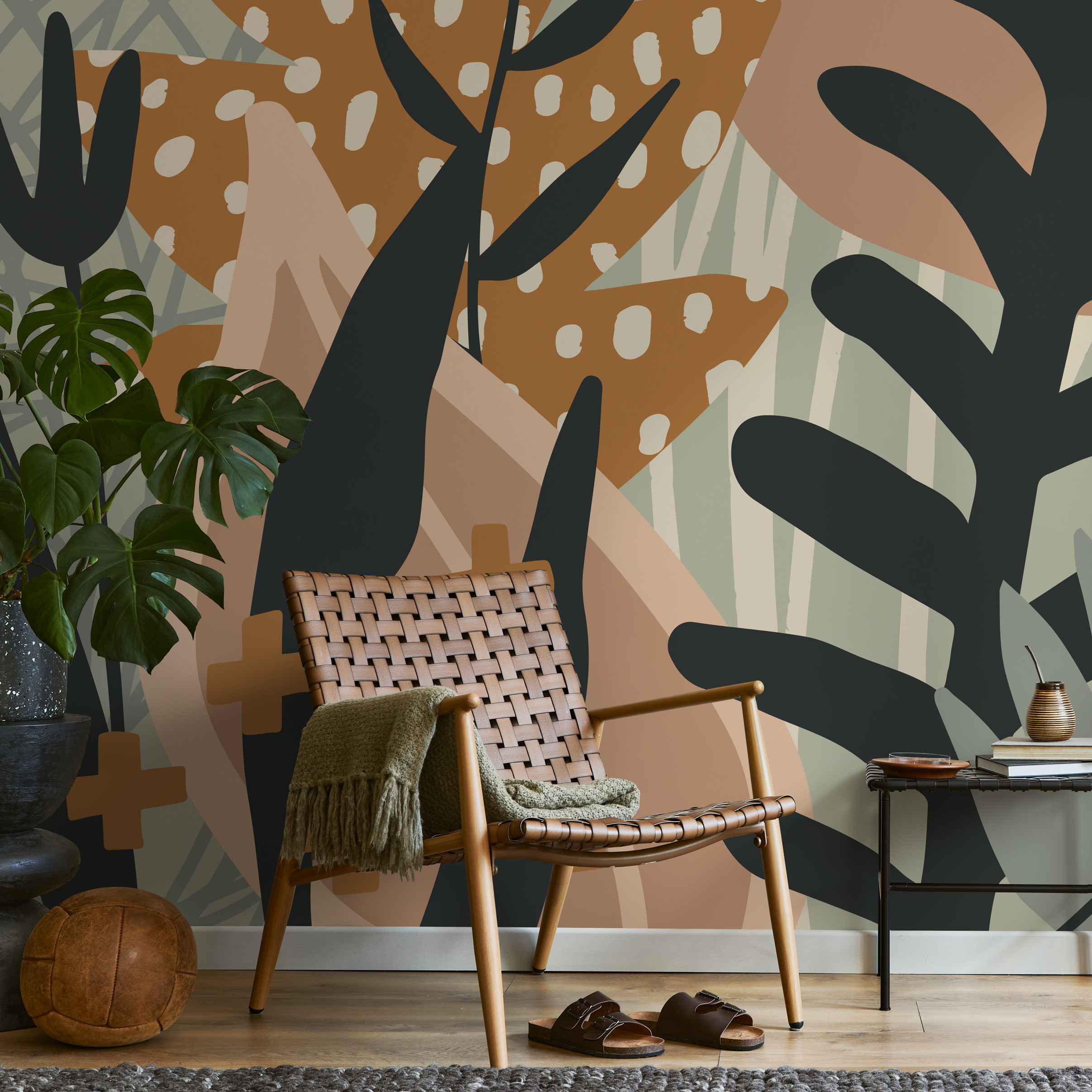 Abstract Wallpaper With Botanical Forms In Brown, Green, And Black - B874