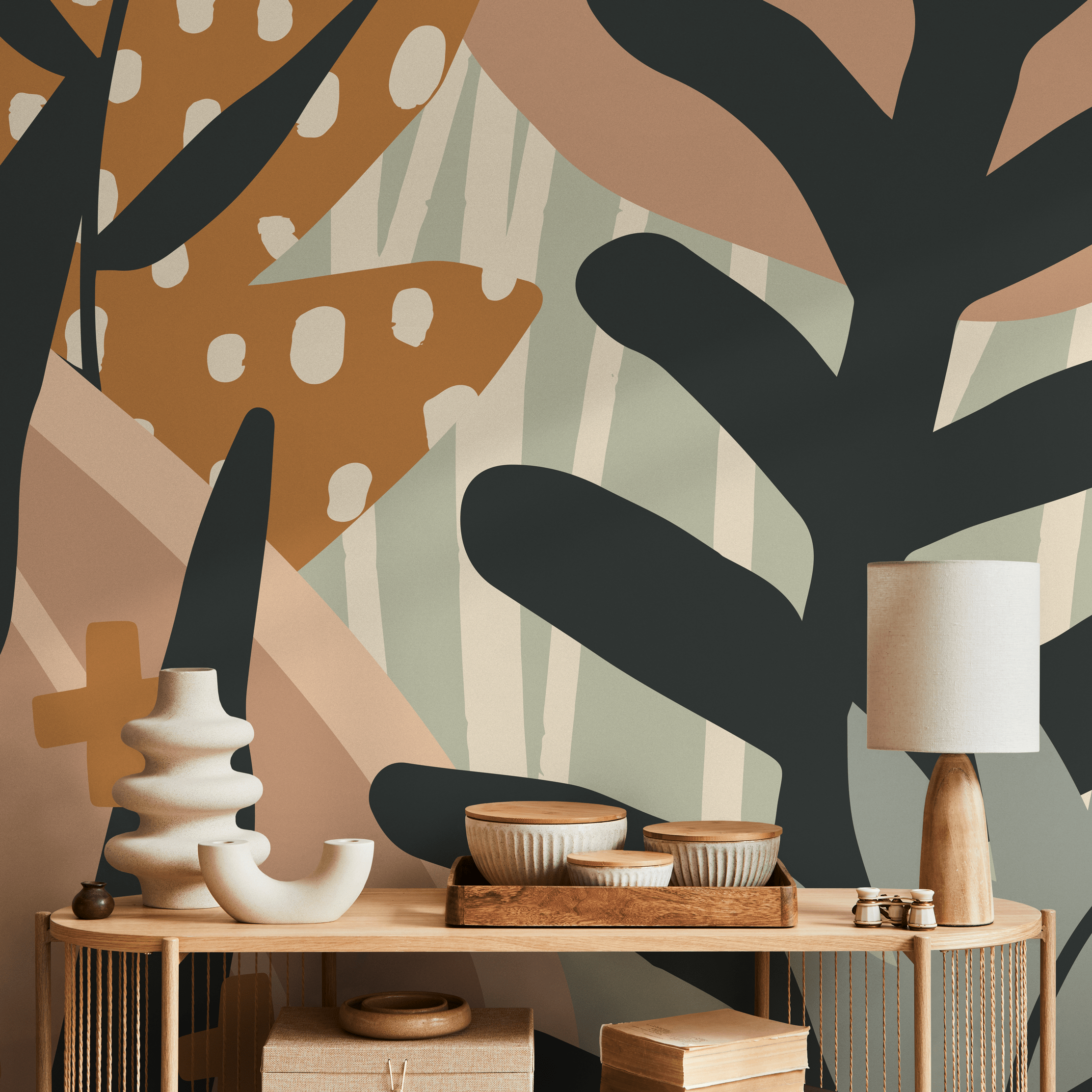 Abstract Wallpaper With Botanical Forms In Brown, Green, And Black - B874