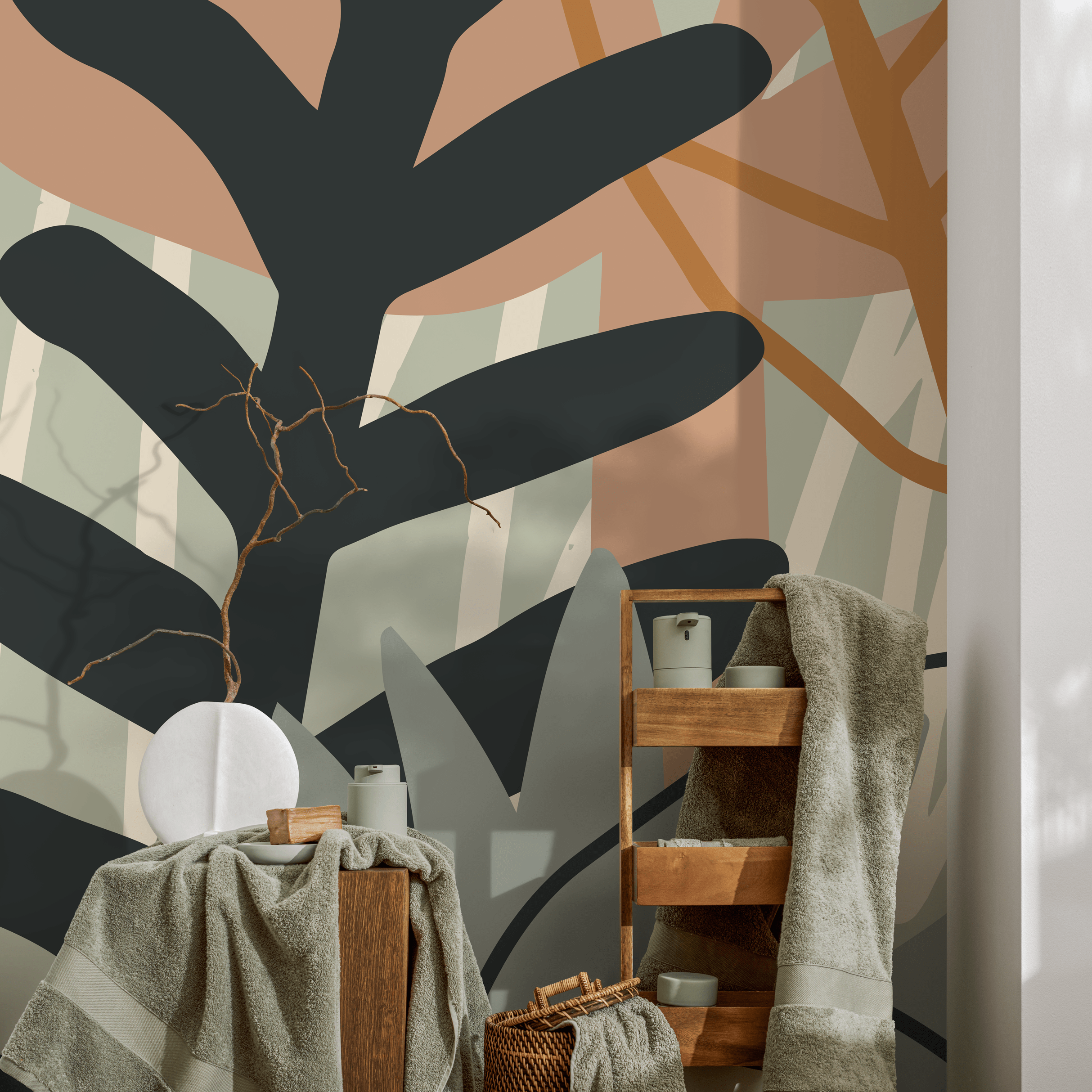 Abstract Wallpaper With Botanical Forms In Brown, Green, And Black - B874