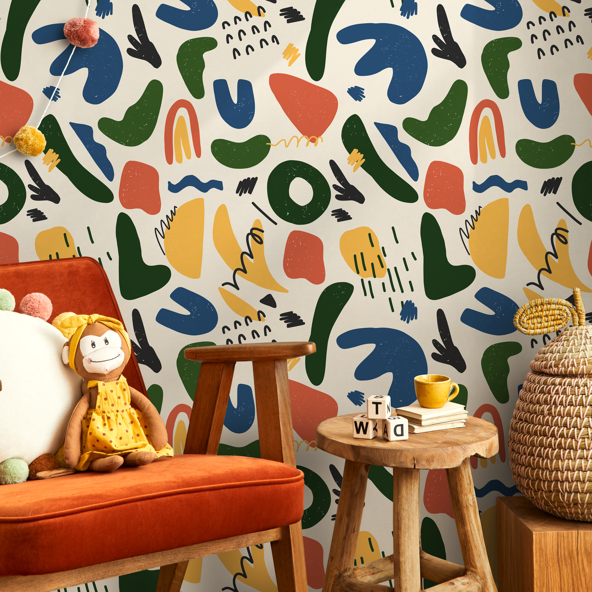 Abstract Wallpaper With Colorful Organic Shapes In Blue, Green, And Yellow - B881