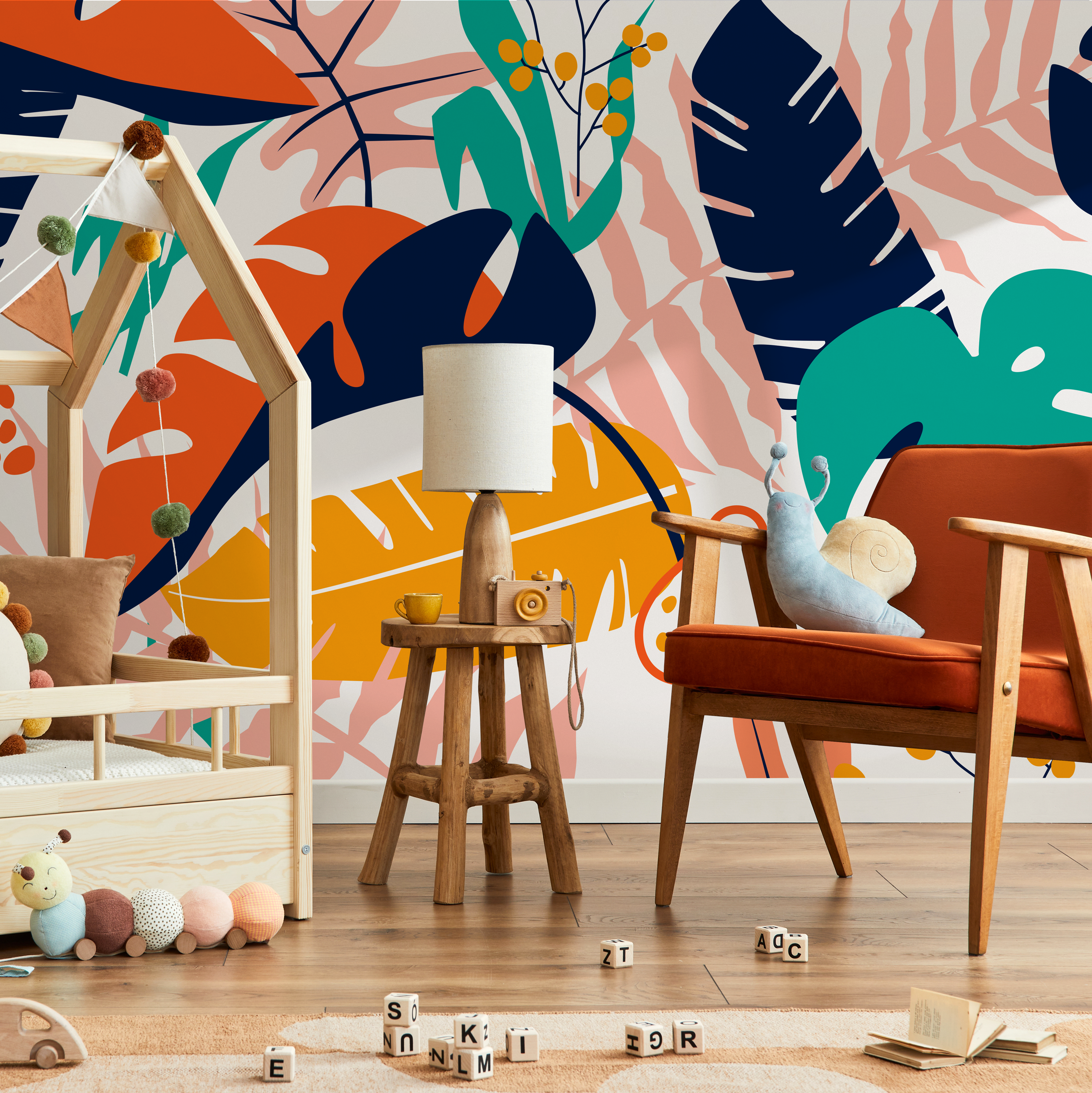 Botanical Wallpaper With Abstract Tropical Leaves In Orange, Blue, And Teal - B882