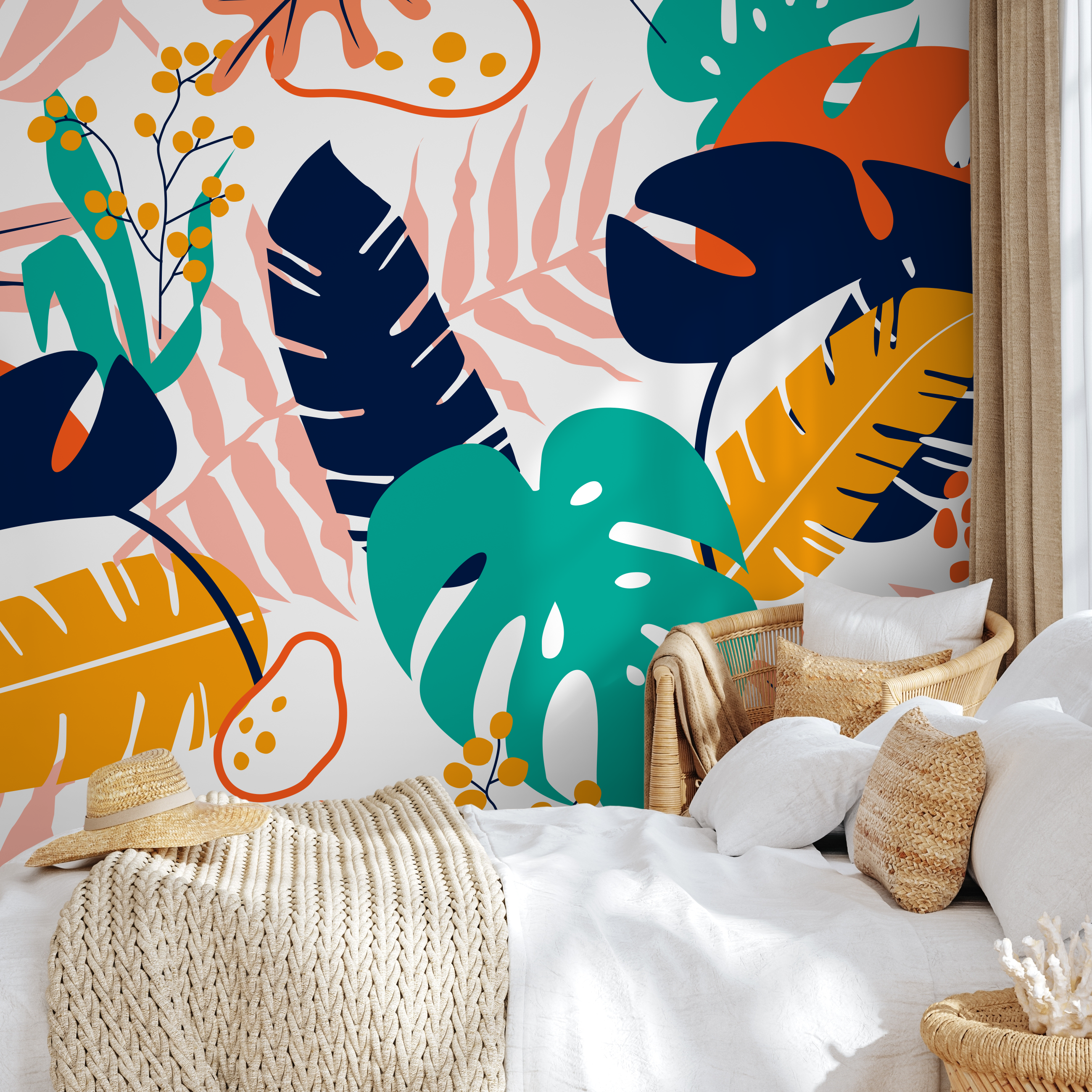 Botanical Wallpaper With Abstract Tropical Leaves In Orange, Blue, And Teal - B882