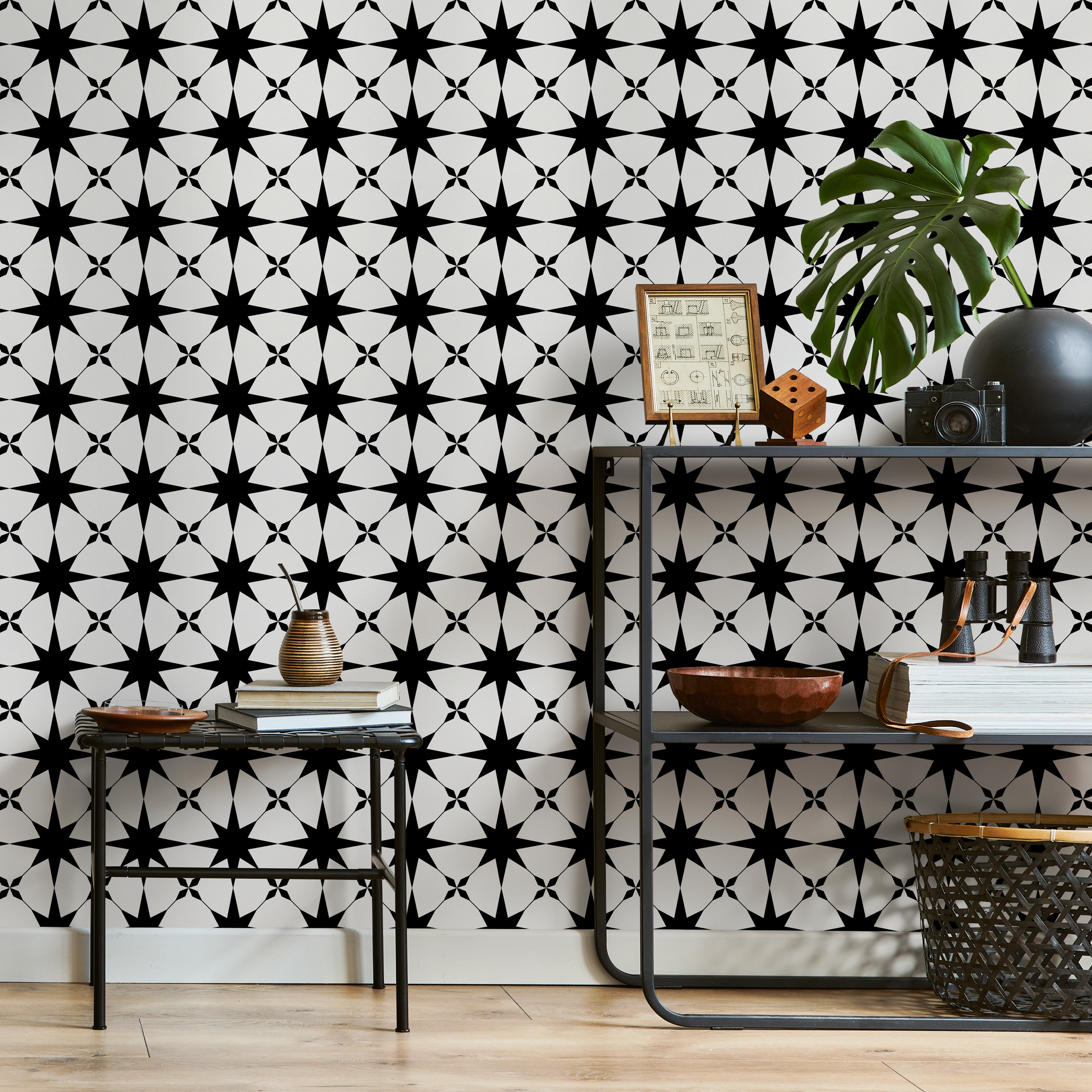 Geometric Wallpaper With A Graphic Star Pattern In Black And White - B883