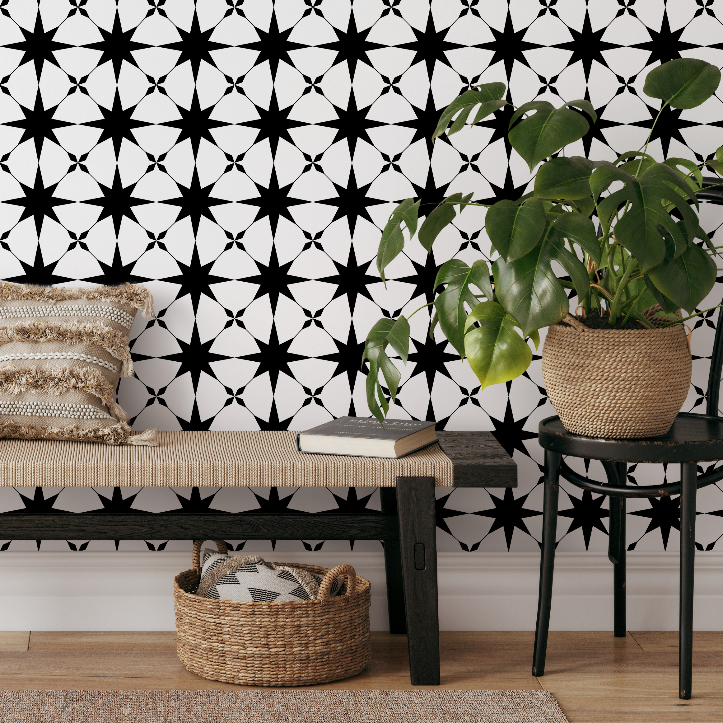 Geometric Wallpaper With A Graphic Star Pattern In Black And White - B883